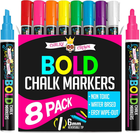Liquid Chalk Markers for Blackboards - Bold Color Dry Erase Marker - Chalk Markers for Chalkboard Signs, Windows, Blackboard, Glass - 6mm Reversible Tip (8 Pack) - 24 Chalkboard Labels Included