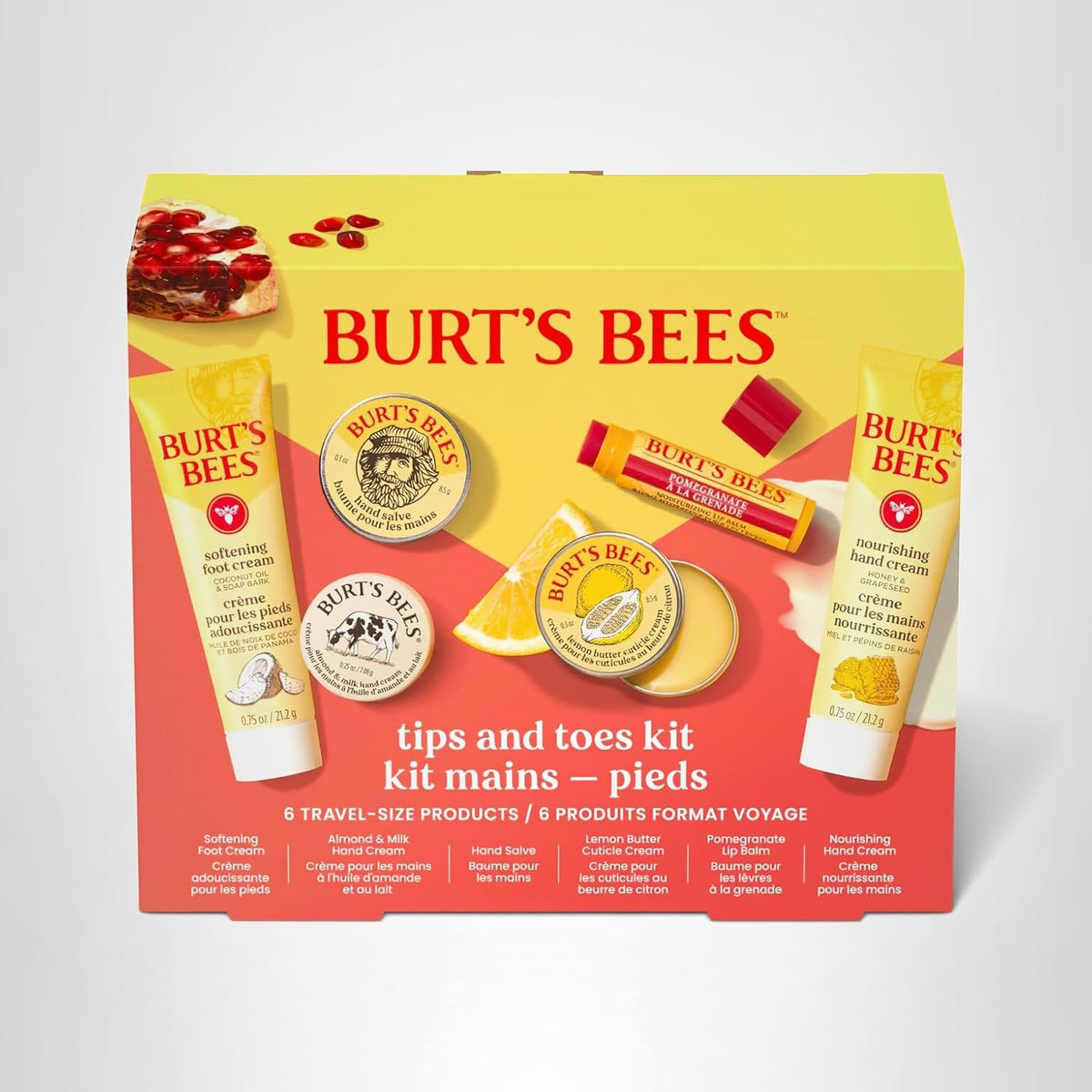 Burt's Bees Valentine's Day Gifts Ideas, Tips and Toes Kit, 6 Travel Size Products - Pomegranate Moisturizing Lip Balm, 2 Hand Creams, Foot Cream, Cuticle Cream, and Hand Salve