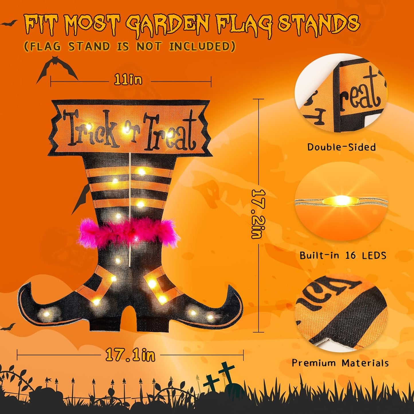 Halloween Trick Or Treat Graden Flag lights without flag pole, Double Sided Witch Feet Flag Banner 17.1*17.2Inch ,16 Warm White LED with 8modes Solar Panel, Decorations for Outdoor,Yard ,Home