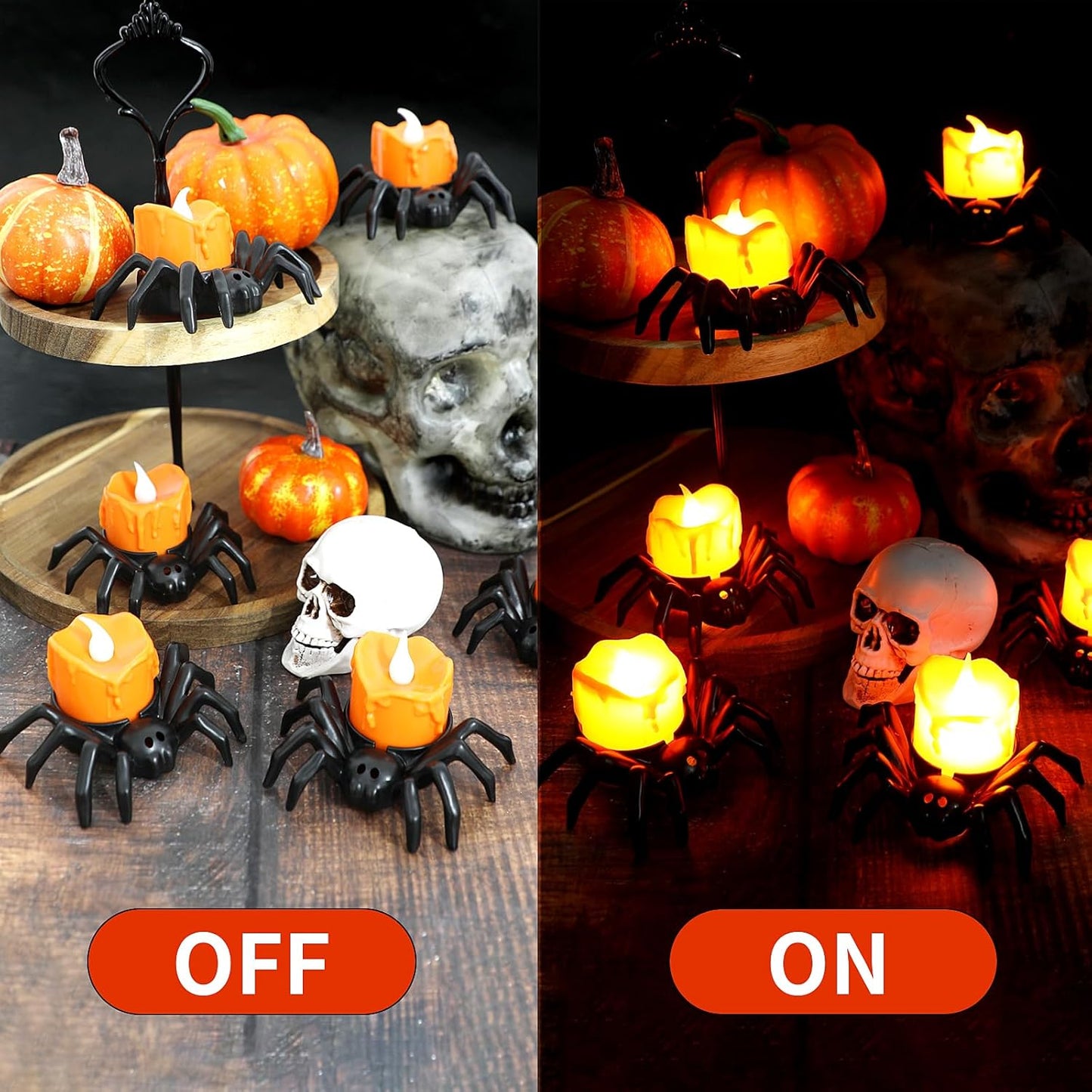 FOIMAS 6 PCS Halloween Tea Lights Candles,Halloween Flameless Candles Halloween Spider Tealights Spooky Flickering Fake Candles for Halloween Party Decorations, Black