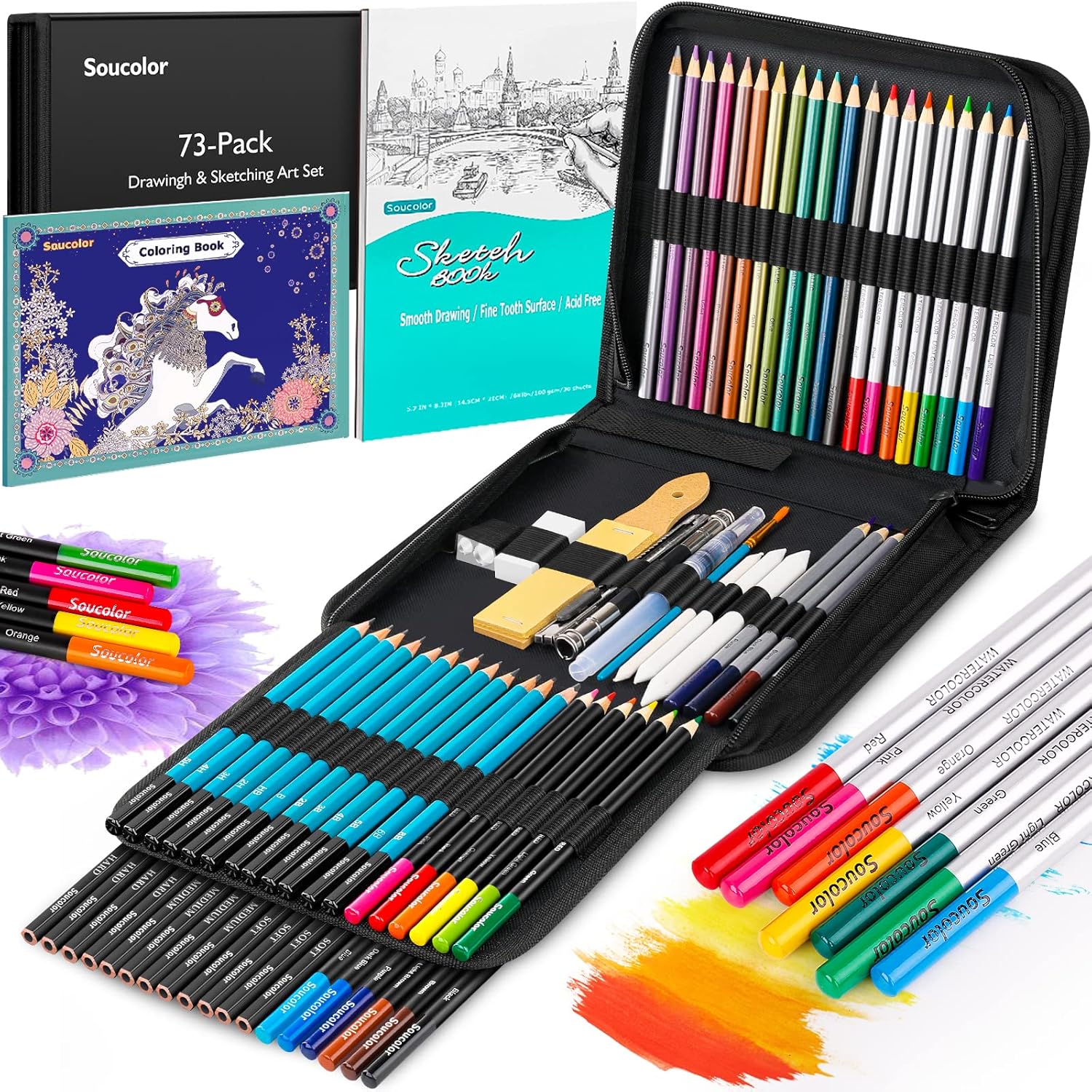 Soucolor 73 Pack Art Supplies Sketching Kit for Adults Kids Teen Gifts, Christmas Gifts, Drawing Sketching Pencils with Sketchbook, Coloring Book, Colored Watercolor Metallic Graphite Charcoal Pencils