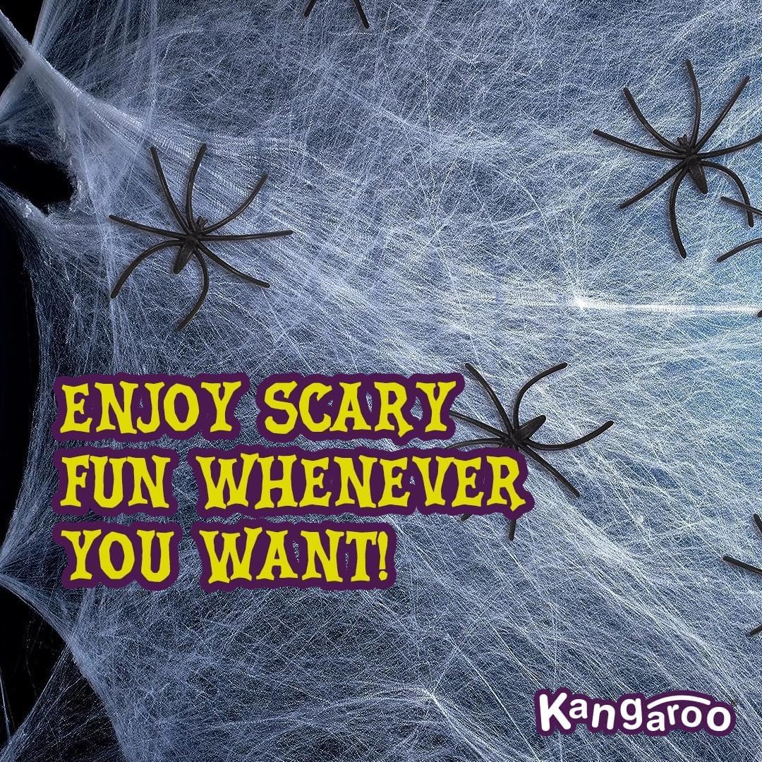 Kangaroo 200 sq. Ft Fake Spider Webs Decorations - Spiderweb Webbing Halloween Cobwebs Decor - Scary Halloween Decor Indoor Outdoor Party Wall, Graveyard Decoration Props - 4 Fake Spiders Included