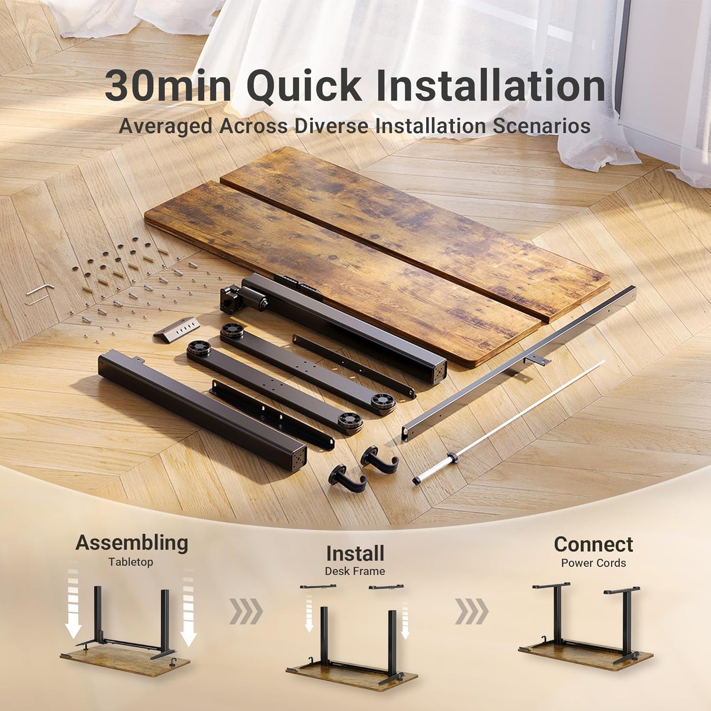 Claiks Electric Standing Desk, Adjustable Height Stand up Desk, 24x48 Inches Sit Stand Home Office Desk with Splice Board, Black Frame/Rustic Brown Top