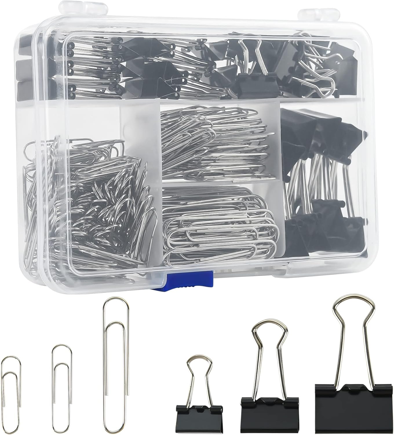 Assorted Size Binder Clips & Jumbo Paper Clips Set - 340pcs Black, Large for Office & School Supplies, in Container with Compartments
