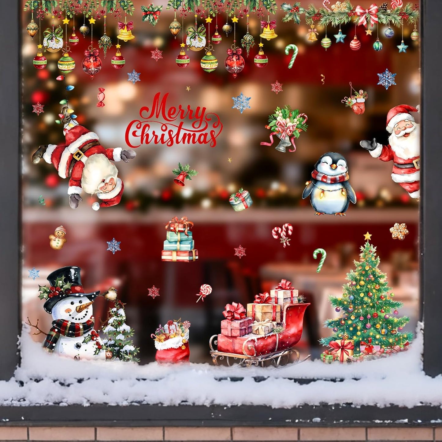 9 Sheets Christmas Window Stickers - Festive Holiday Lights, Santa, Snowman & Reindeer Window Clings, Reusable Christmas Windows Decals for Home Party Decor/Indoor Glass Decoration Festival Decor