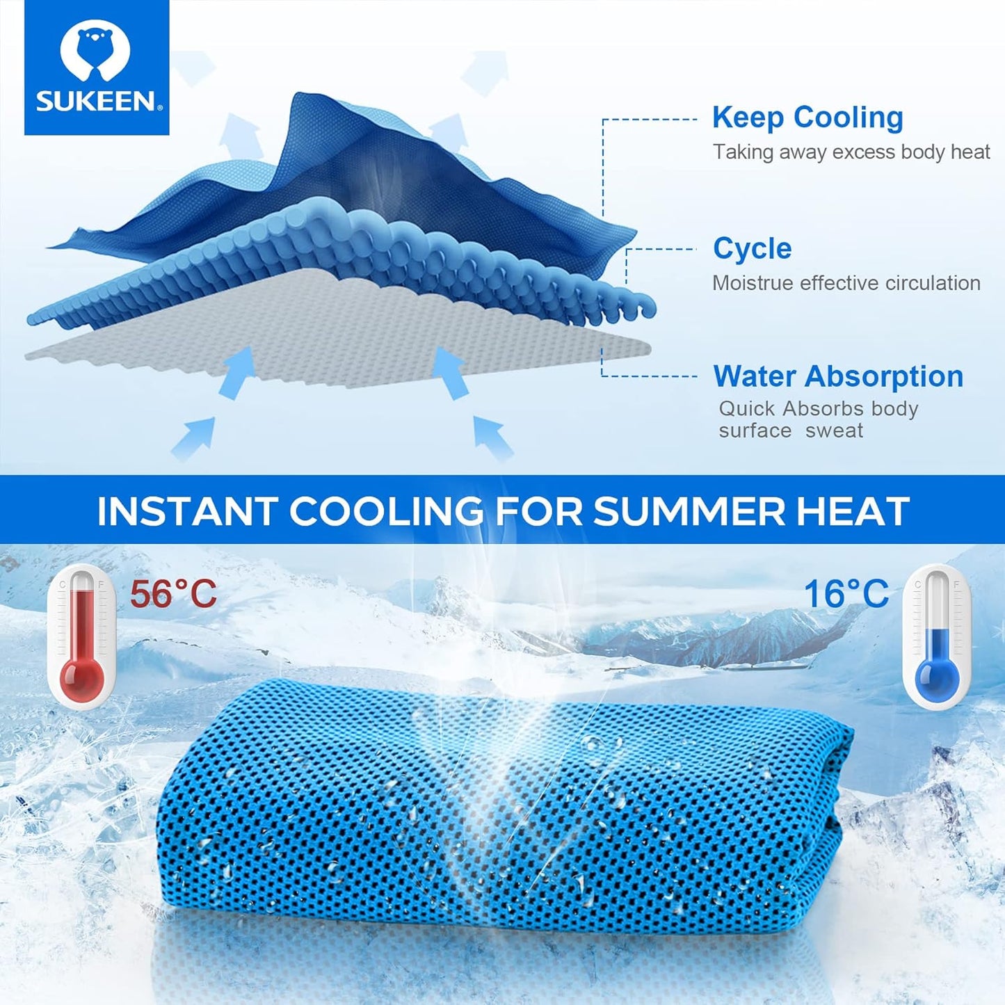 Sukeen 4-Pack Cooling Towels (40"x12") – Instant Relief for Sports, Gym, Workout & Outdoor Activities – Soft, Reusable, Breathable Microfiber with Carry Pouches