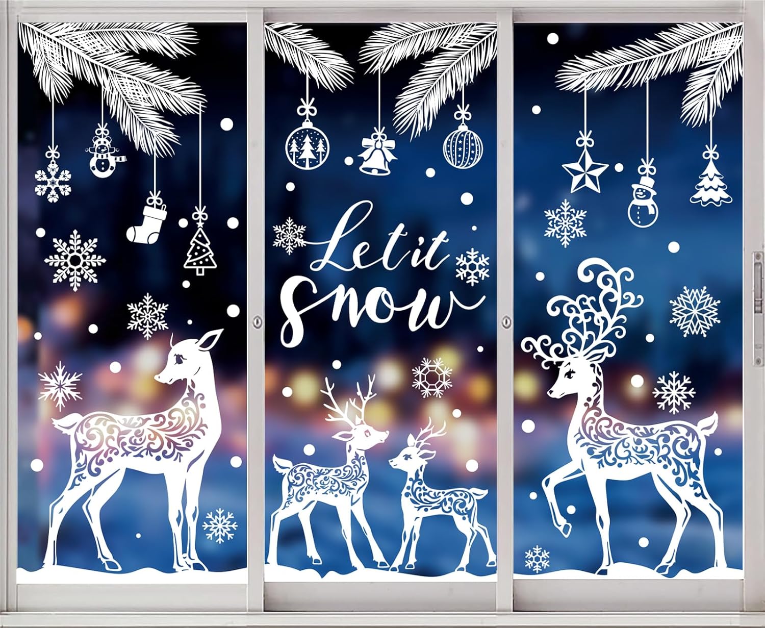 6 Sheet Winter Window Clings White Snowflake Reindeer Pine Branch Christmas Reusable Window Decals for Xmas Winter Party Home School Office Decor