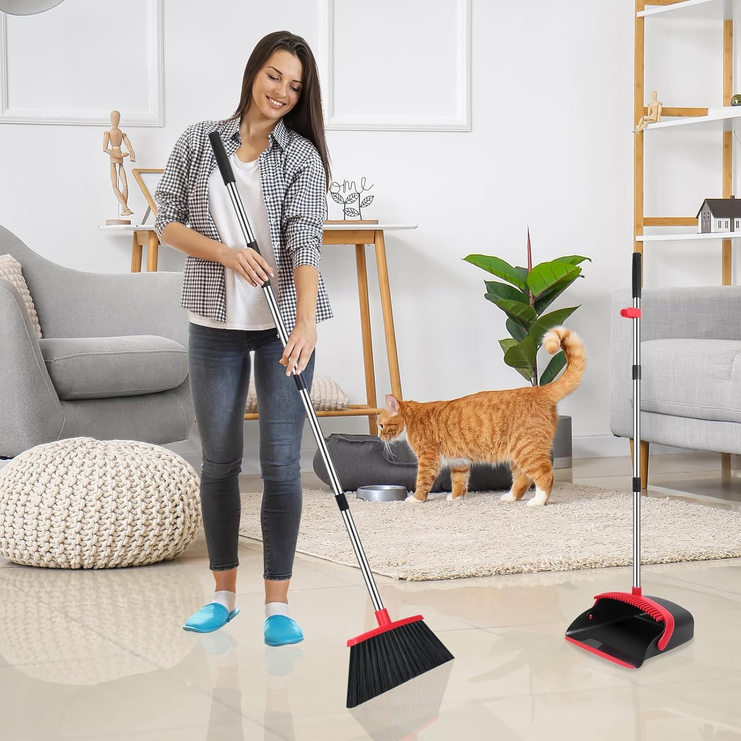NACENA Broom and Dustpan Set, 52-in Long Adjustable Handle Broom Dustpan Combo with Dustpan Teeth to Automatically Clean Hair Suitable for Home Kitchen Office Hall Floor（Black&Red）