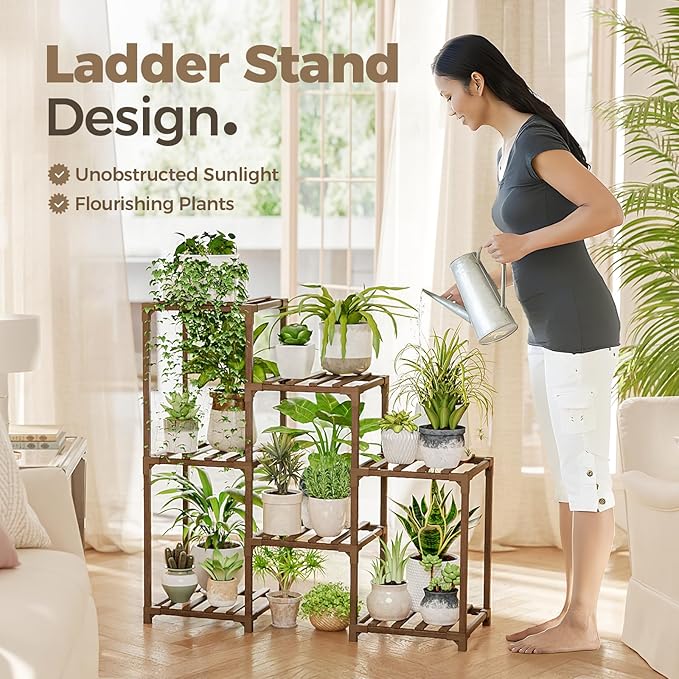 Bamworld Plant Stand Indoor Plant Shelf Outdoor Wood Plant Rack for Multiple Plants 3 Tiers Ladder Plant Pot Holder for Living Room Patio Boho Home Decor for Gardening - Cart Shape