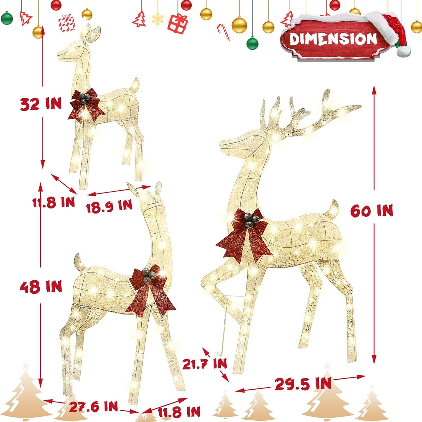 Lulu Home Set of 3 Pre-lit White Reindeer with 210 LEDs Warm White Lights, 3D Light Up Glittered Standing Reindeer Family for Xmas Lighted Holiday Display Indoor Outdoor