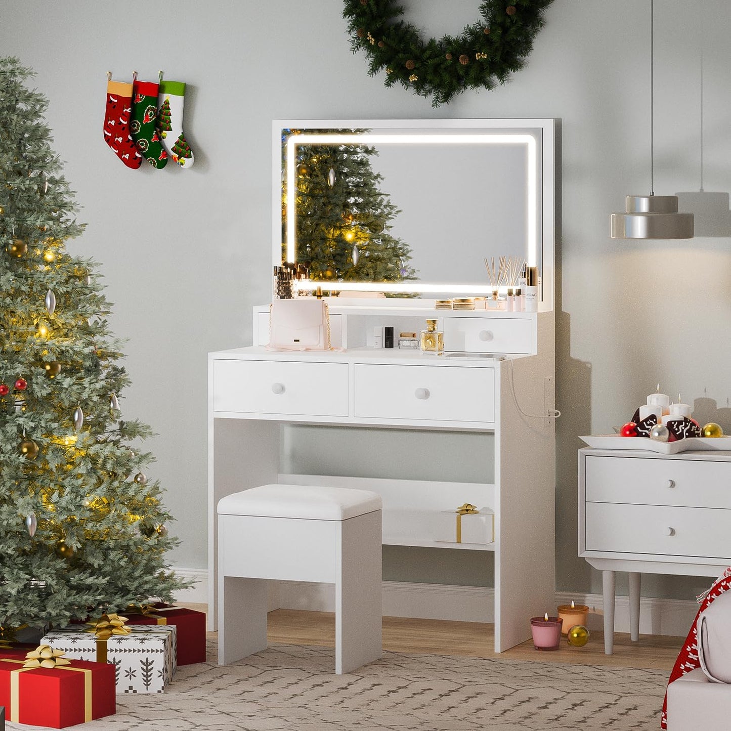 Haewon Vanity Desk with Mirror and LED Lights, White Makeup Vanity with Power Outlet, Storage Drawers and Chair, Dressing Table Set for Bedroom Dressing Room