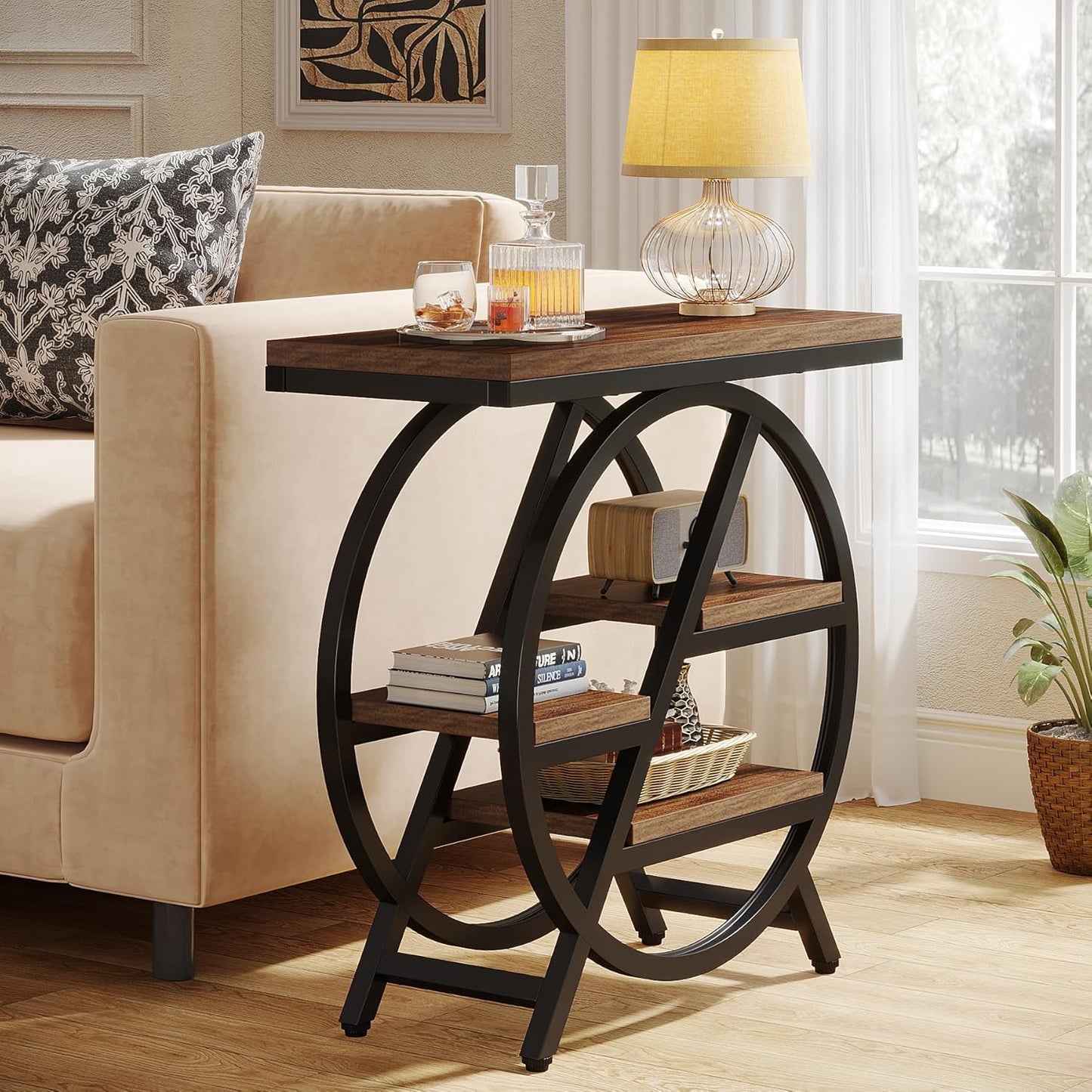 Tribesigns End Table for Living Room, 3-Tier Narrow Side Table with Storage, Wood Sofa Side Table with Geometric Metal Frame, Industrial Nightstand and Bedside Table for Bedroom