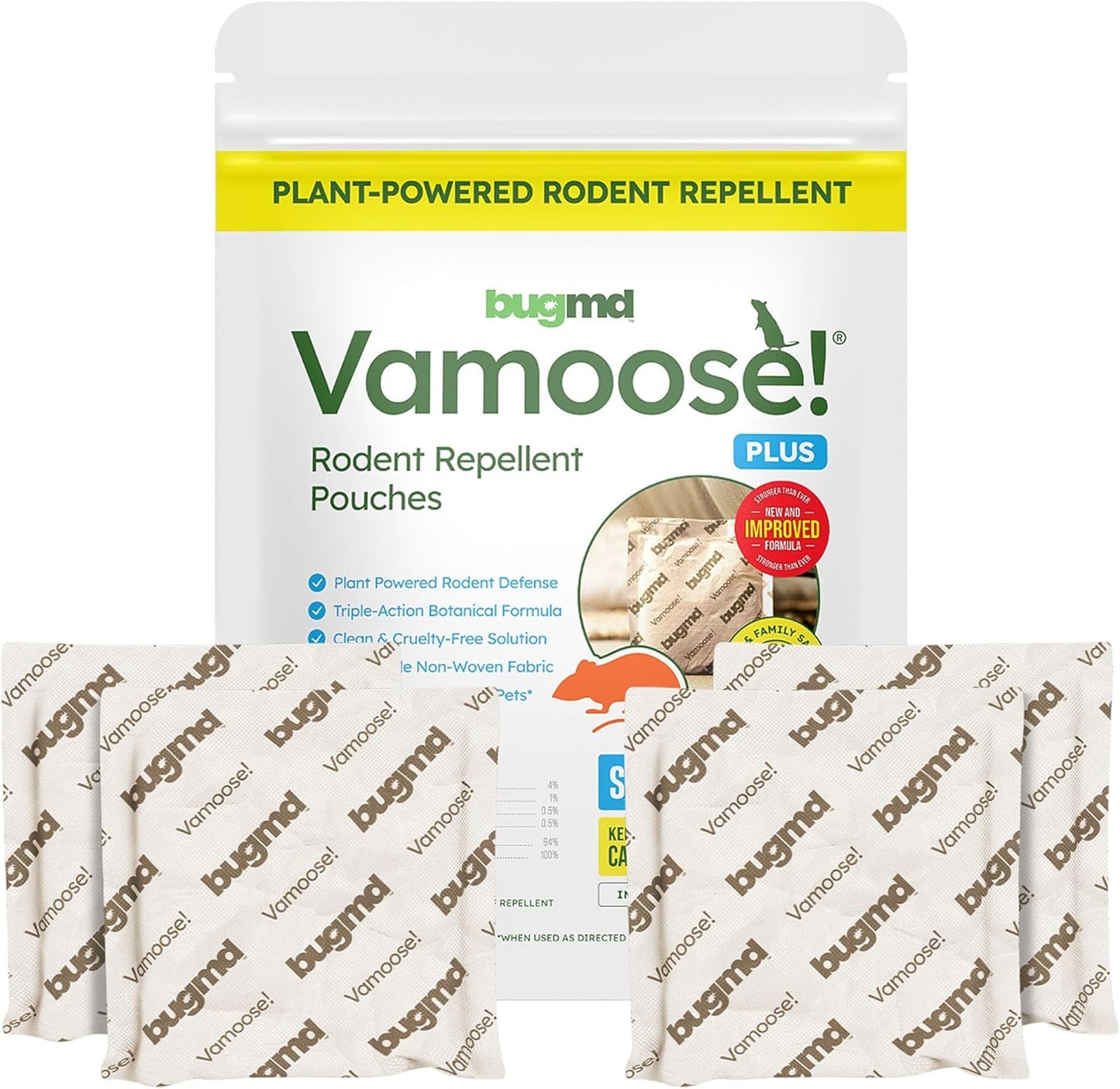 BugMD Vamoose! Plus Peppermint Oil Mouse Repellent Pouches | Natural Mice Repellent Indoor & Rat Deterrent for House, Garage, RV, Car & Storage | Plant-Powered Rodent Control - 1 Pack - 4 Pouches