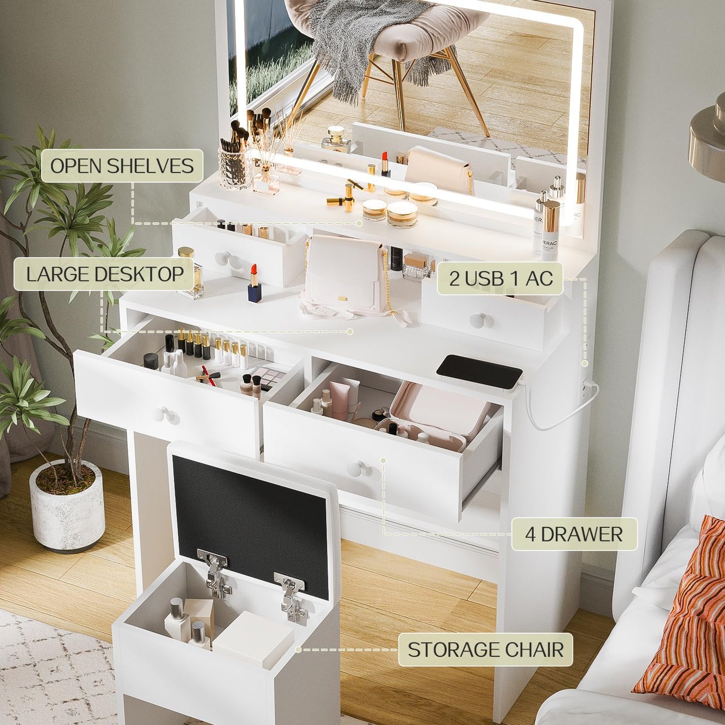 Haewon Vanity Desk with Mirror and LED Lights, White Makeup Vanity with Power Outlet, Storage Drawers and Chair, Dressing Table Set for Bedroom Dressing Room