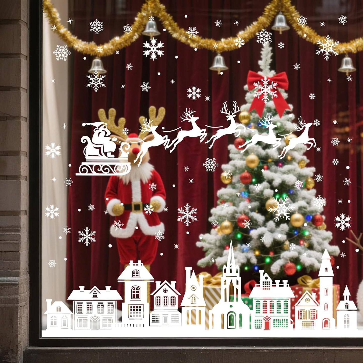 Christmas Window Clings 146Pcs Christmas Window Stickers Double-Sided White House Xmas Window Clings for Glass Decoration Snowman Snowflake Self Adhesive Windows Decals for Christma Holiday Party