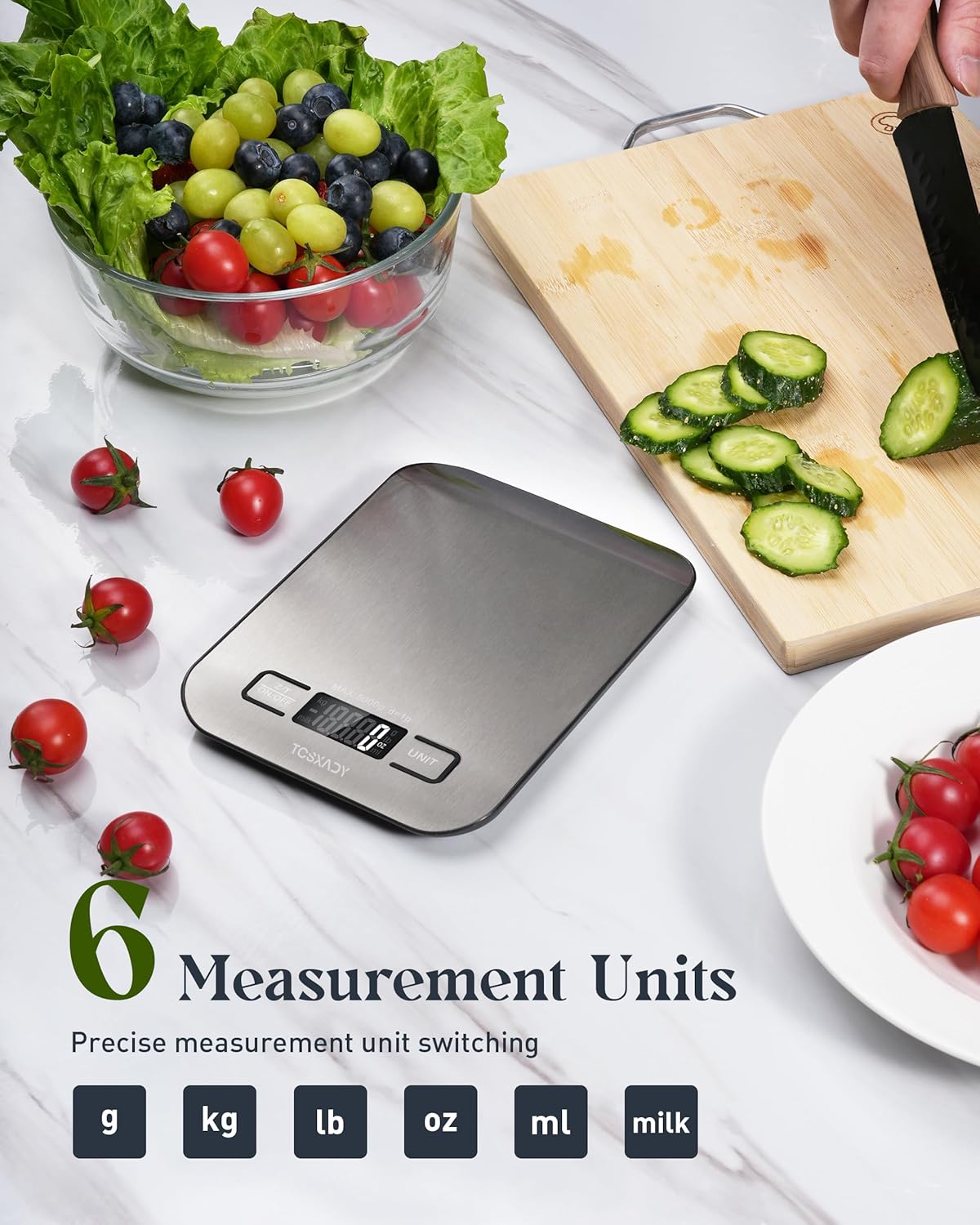 Food Scale, 11lb Digital Kitchen Scale with 6 Units LCD Display and Tare Function,Compact Design for Baking,Healthy Cooking,Meal Prep, 304 Stainless Steel