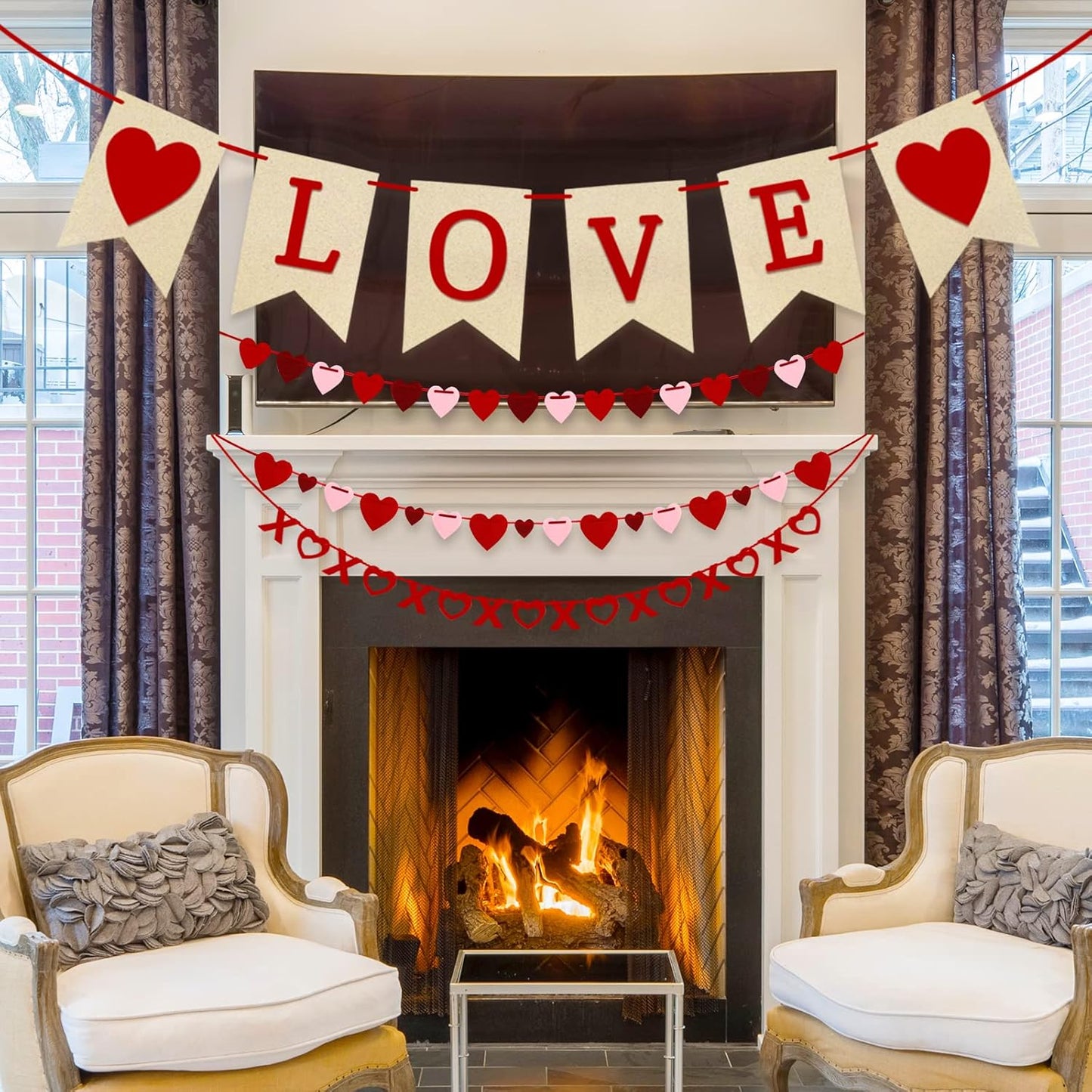 4Pcs Valentines Day Decorations Valentines Day Decor Handmade Love Heart XO Garlands Banner for Engagement Wedding Party Home Classroom Office, No DIY Required