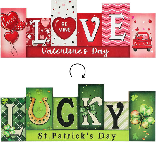 Valentine's Day & St. Patrick's Day Wooden Table Sign - LUCKY LOVE Reversible Tabletop Decor - Rustic Double-Sided Different Theme Irish Farmhouse Table Centerpiece