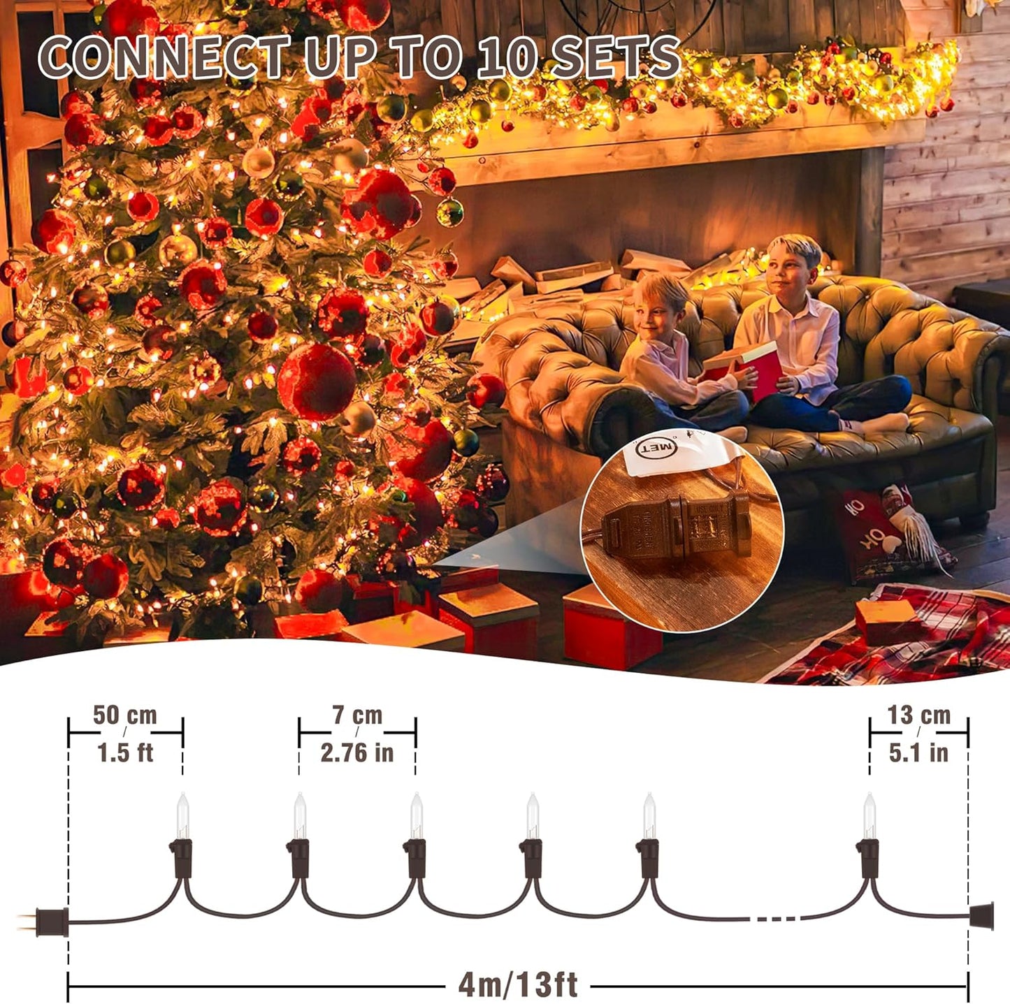 YOUNGAR 13FT 50 Clear Christmas Lights Outdoor, UL Approved Christmas Tree Lights with Brown Wire, Incandescent Mini Light Plug in for Indoor Outdoor Tree Patio Garden Xmas Decor