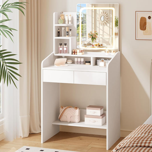 Small Makeup Vanity Desk with Lighted Mirror, White, 23.62" W x 15.74" D x 53.93" H (Smart LED Mirror, Open Shelves, 2 Drawers)