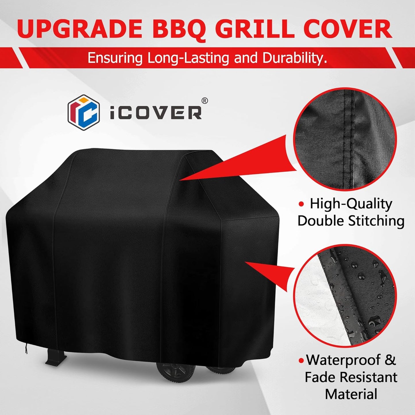 iCOVER Grill Cover, 58 inch BBQ Grill Cover for Outdoor Grill, Anti-UV & Fade Resistant Gas Grill Cover, Waterproof Barbecue Grill Covers for Weber, Char-Broil, Nexgrill and More, Black