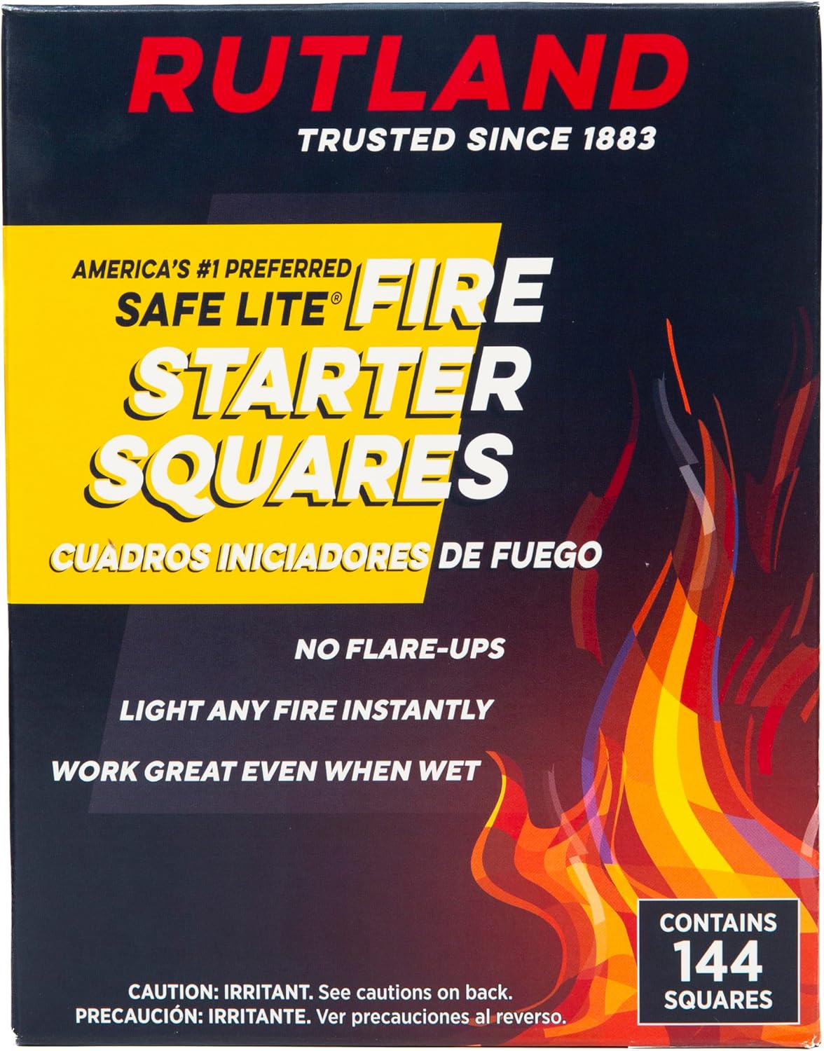 Rutland Safe Lite Fire Starter Squares - Heavy Charcoal Starters for Fireplace, Grill Pit, BBQ & Campfires - USA-Made Camping Accessories - Odorless Long Burn - 4.6 Lbs, 144 Squares