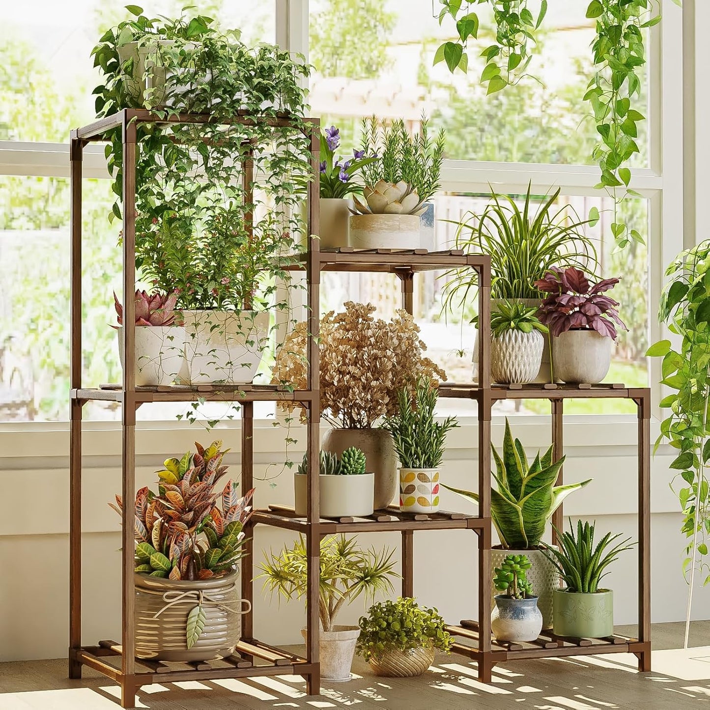 Bamworld Plant Stand Indoor Plant Shelf Outdoor Wood Plant Rack for Multiple Plants 3 Tiers Ladder Plant Pot Holder for Living Room Patio Boho Home Decor for Gardening - Cart Shape