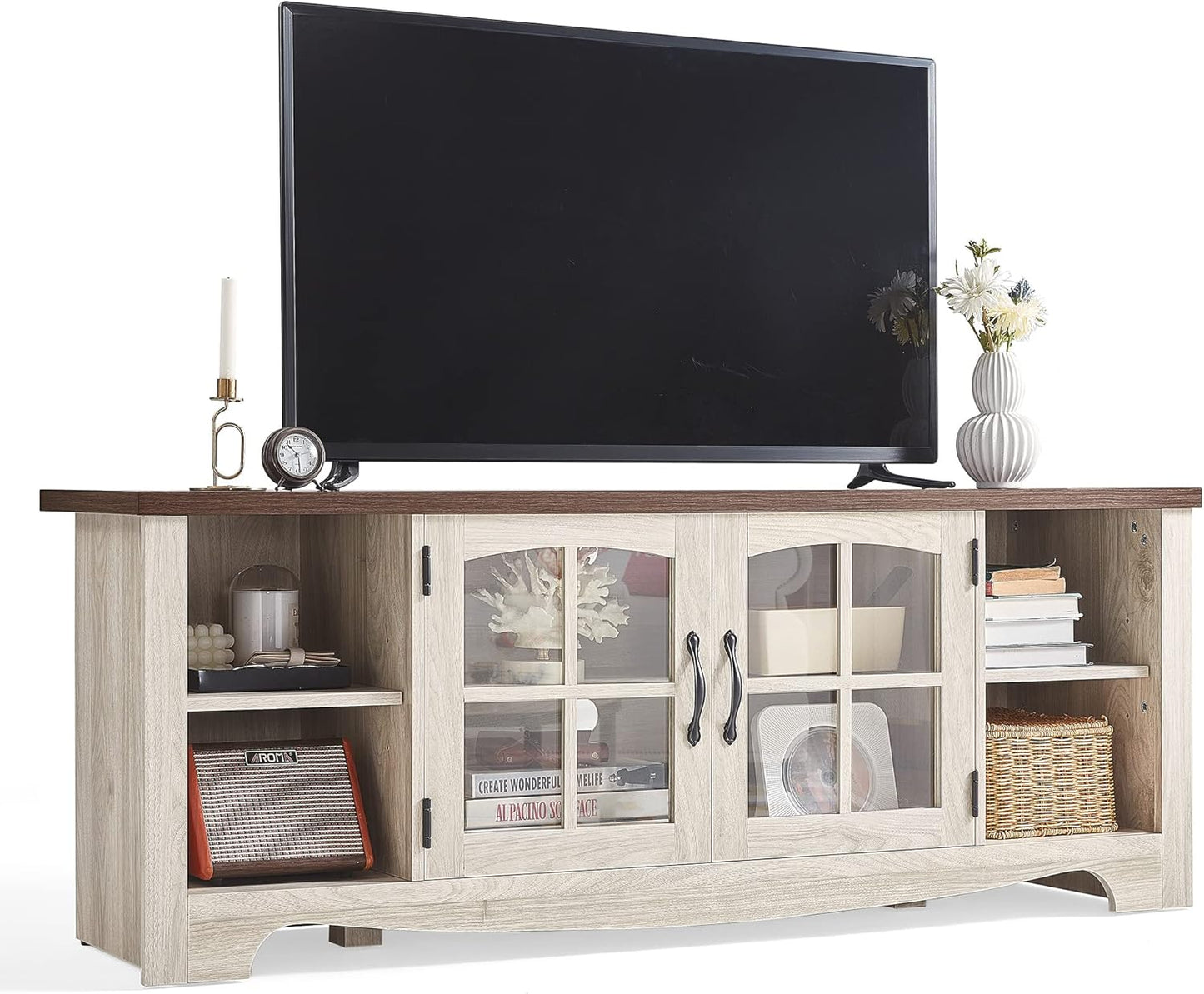 LINSY HOME Farmhouse TV Stand for 65 Inch TV, Wood Entertainment Center with Glass Door Storage Cabinet & Adjustable Shelves, Large Sturdy TV Console Table for Living Room Bedroom