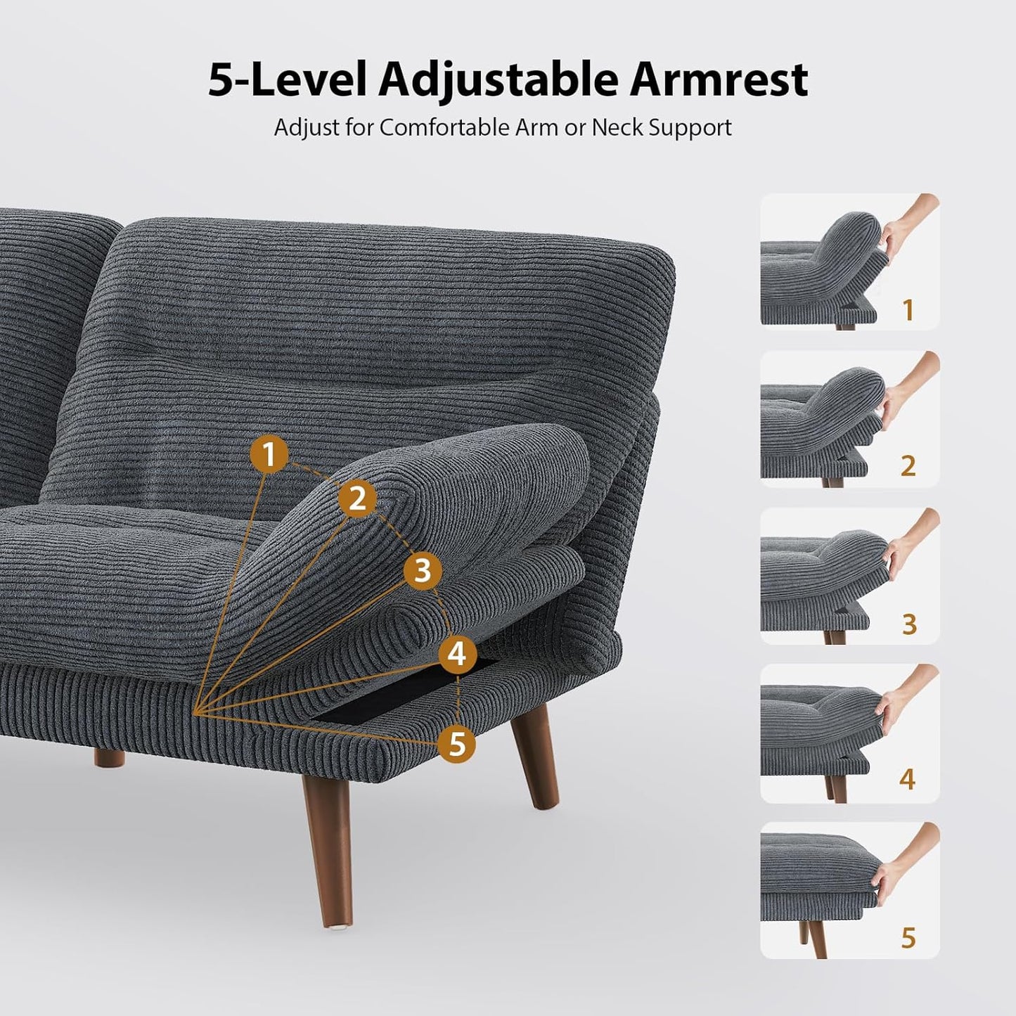 Pipishell Convertible Futon Sofa Bed,66" Corduroy Futon Couch with Adjustable Backrest and Armrests, Recliner Sleeper Sofa for Small Spaces, Play Room or Office, Grey