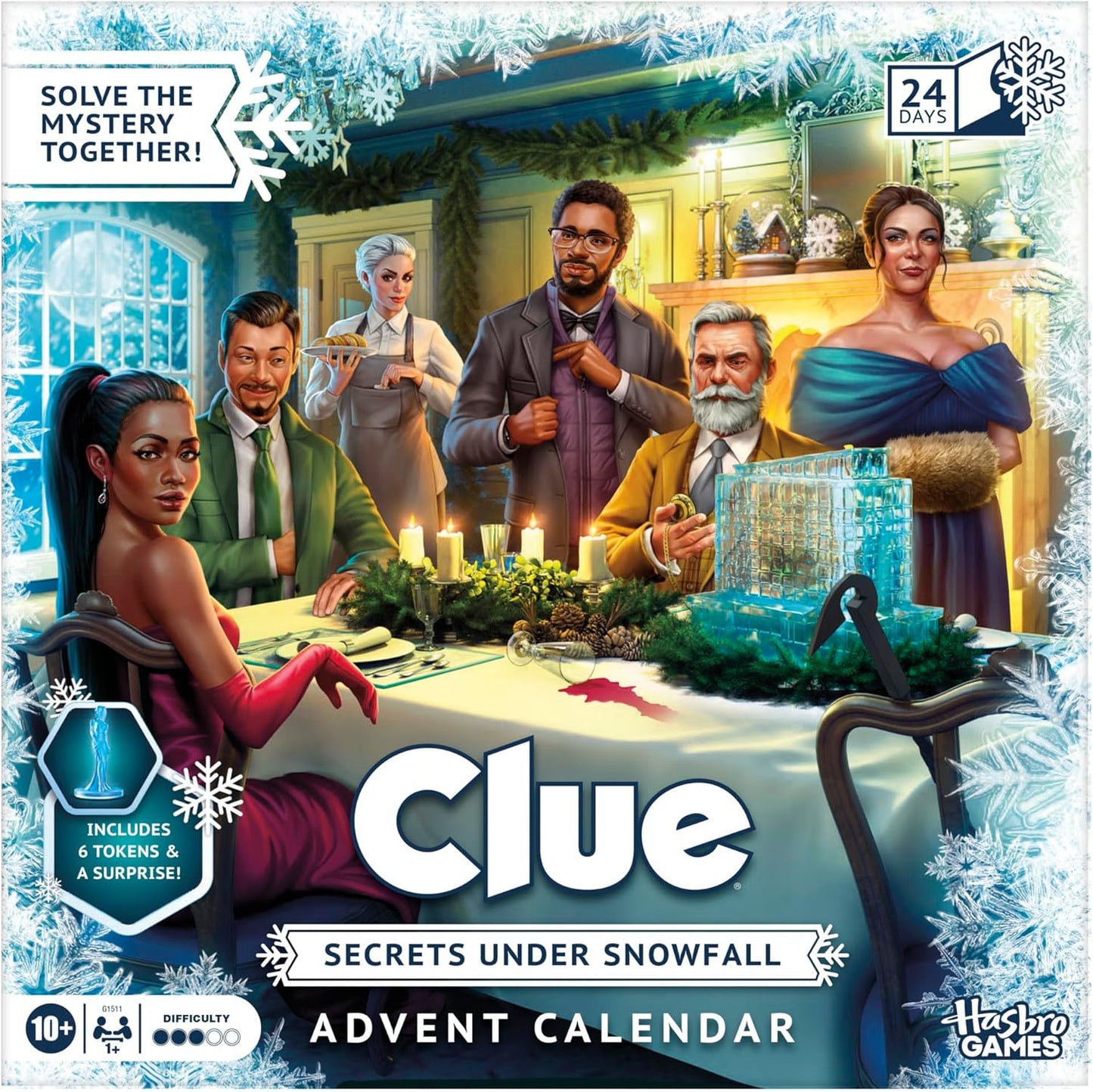 Clue Advent Calendar: Secrets Under Snowfall | 24 Days | Family Mystery Games | with 6 Winter-Themed Tokens and Surprise | Ages 10+ | 1+ Players