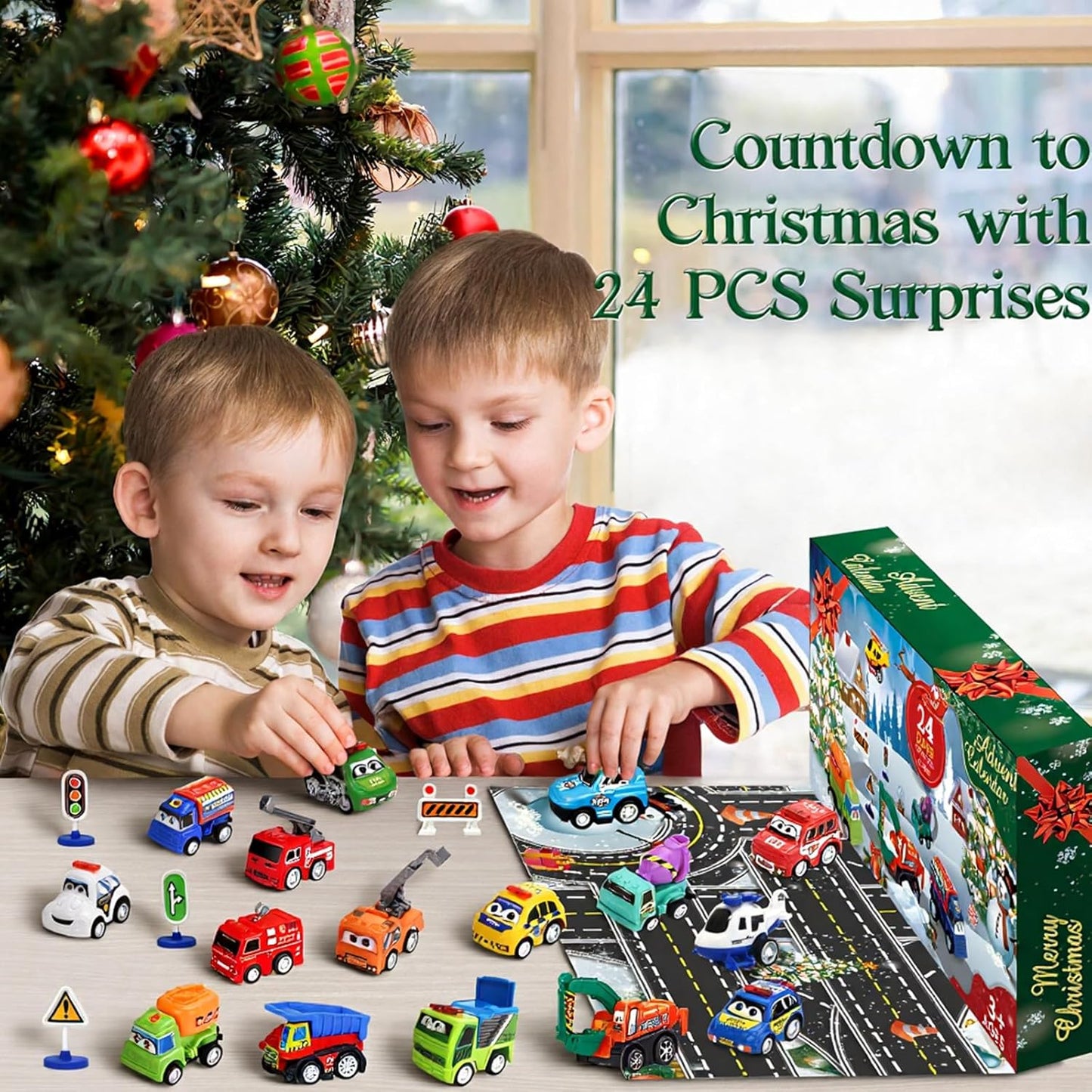 Advent Calendar 2025 Kids Boys, 24 Days Christmas Countdown with Pull-Back Cars Traffic Sign Sets, Christmas Advent Calendar Vehicles Holiday Gifts Kids Boys Girls Toddlers