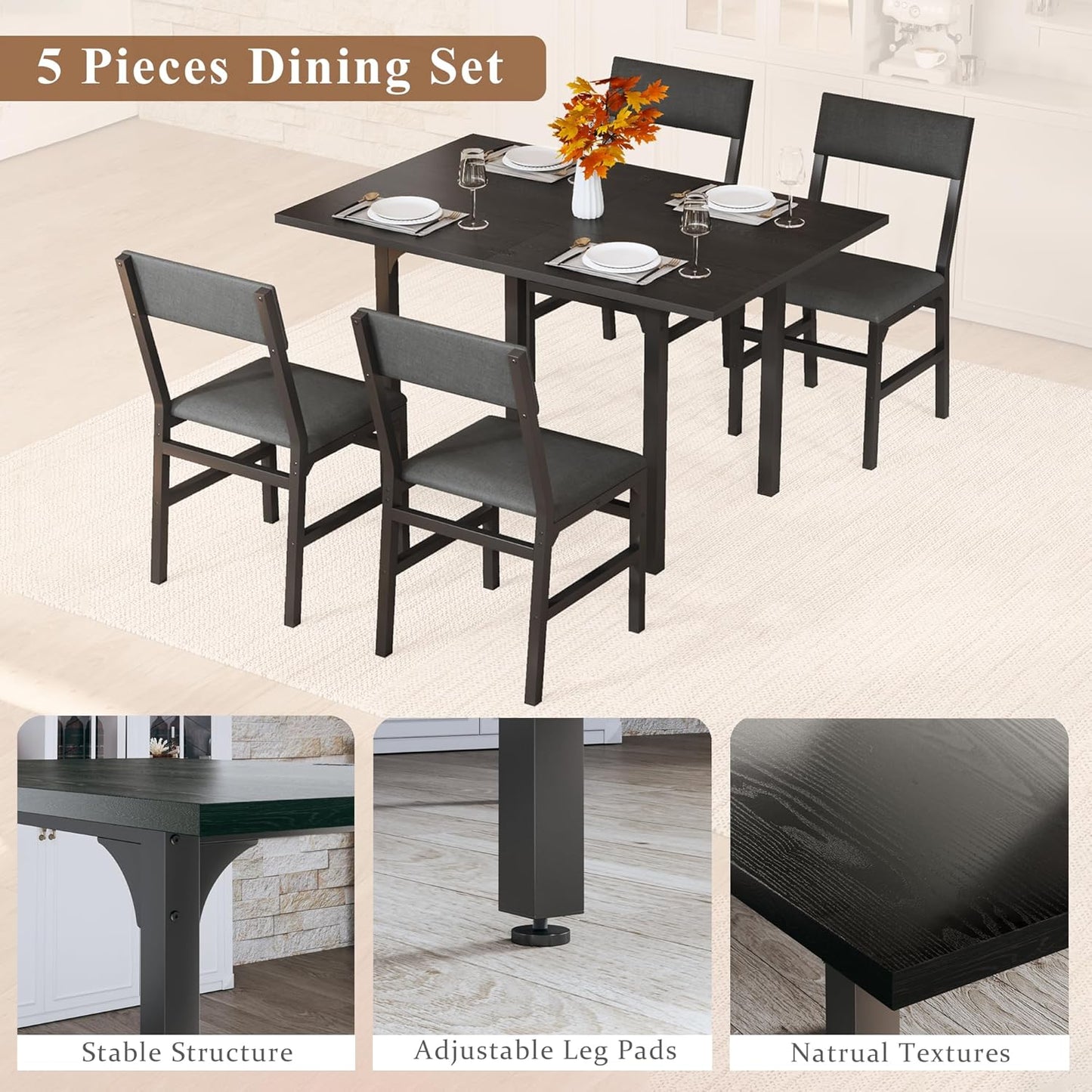 Dining Table Set for 4, Extendable Kitchen Table Cushion Chairs Set of 4, Rectangle Dining Table with Metal Frame & MDF Board, Folding for Small Apartment Saving Space, Black