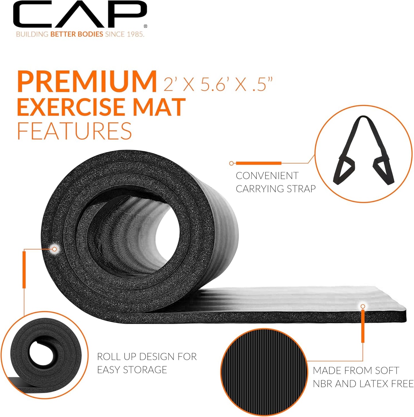 CAP Barbell 1/2-Inch High Density Exercise Yoga Mat with Strap | Multiple Options
