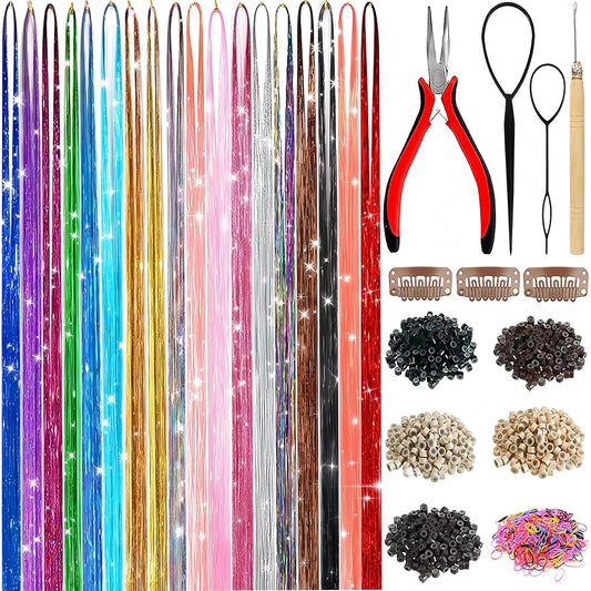 Hair Tinsel,18 Colors Hair Tinsel Kit for Girls 7600 Strands Fairy Tinsel Hair Extensions Holographic Hair Tinsel Heat Resistant Colored Hair Glitter Christmas Party Festival (18 Colors)