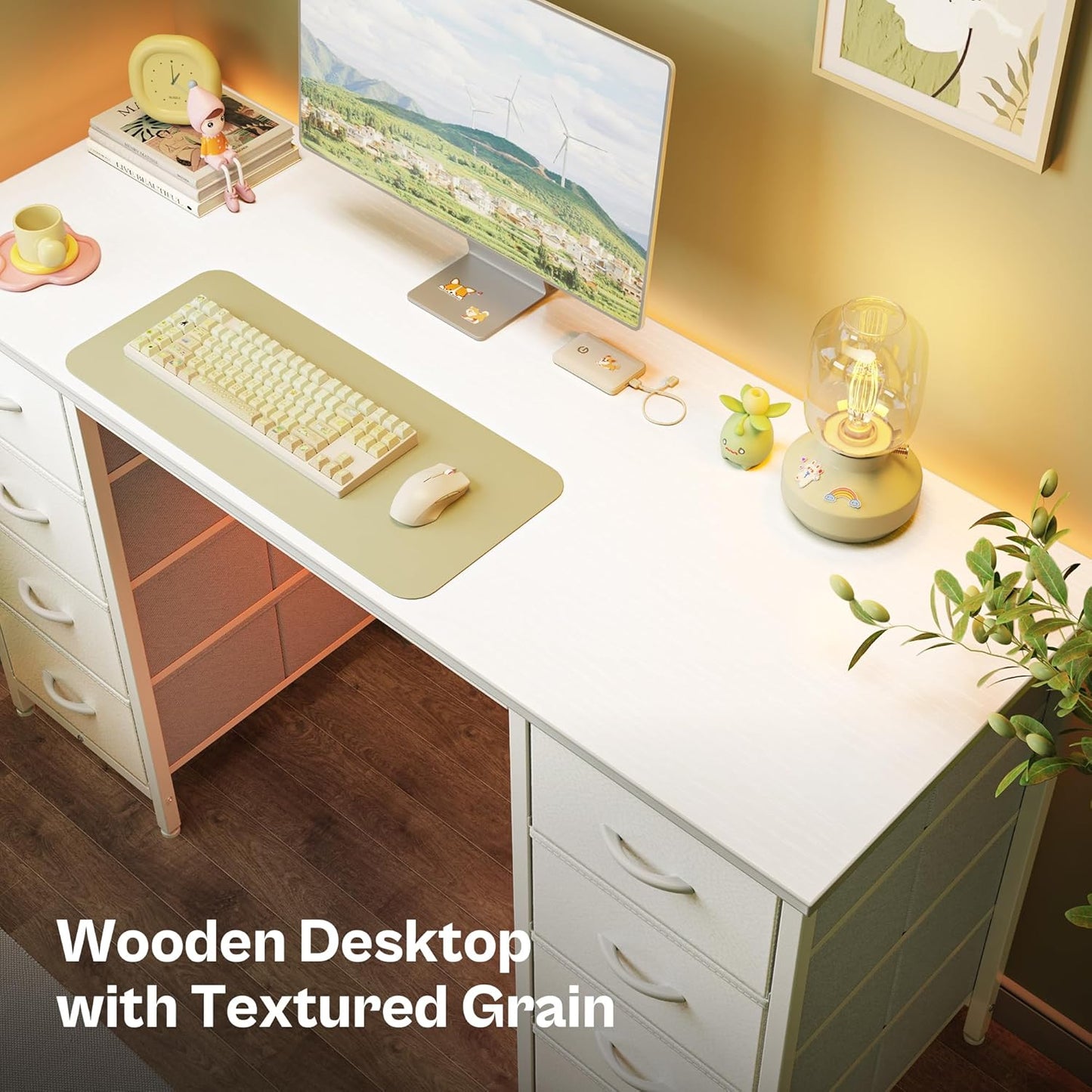 Huuger 47 Inch Vanity Desk with 8 Fabric Drawers, White Desk, Computer Desk with Large Storage, Drawers, for Home Office, Bedroom