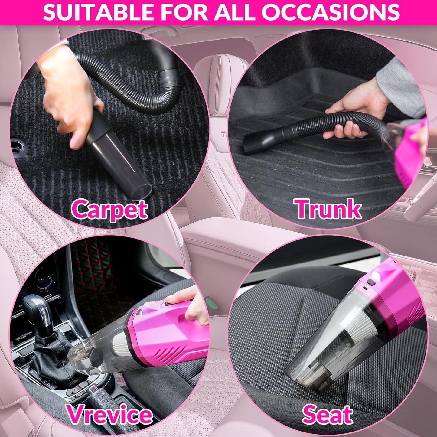 ThinkLearn Car Cleaning Kit, Car Vacuum Detailing Kit Interior with High Power Handheld Vacuum, Including 7Pcs Detailing Brush Set, Windshield Cleaner, Pink Car Accessories for Women
