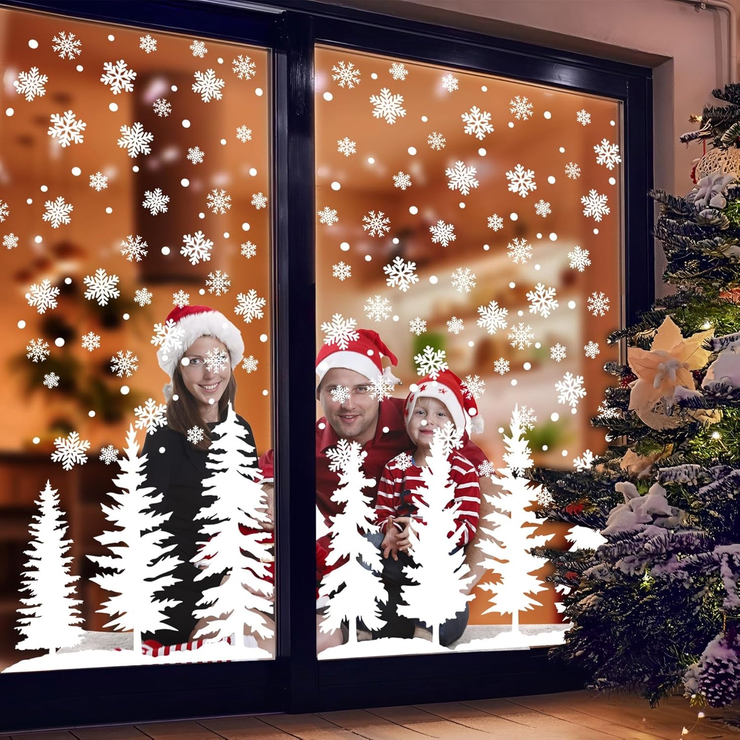 9 Sheets Christmas Window Clings Large Pine Tree Snowflake Window Decals Snowy Xmas Tree Double-Sided Windows Stickers White Winter Forest Trees Windows Decorations for Xmas Party Home Office Glass