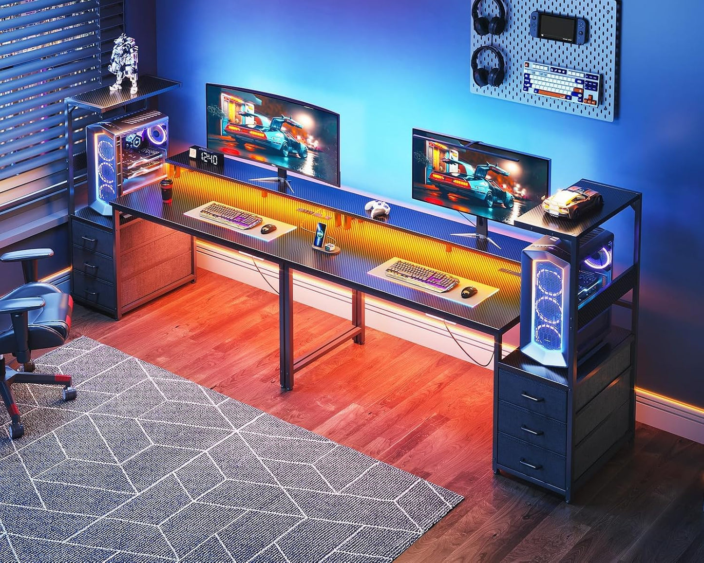 AODK 59 Inch Gaming Desk with USB Charging Ports & LED Light- Reversible Computer Desk with Storage Shelves & Monitor Stand, Modern Gamer Desk Table with Fabric Drawers & Side Hook, Carbon Fiber Black