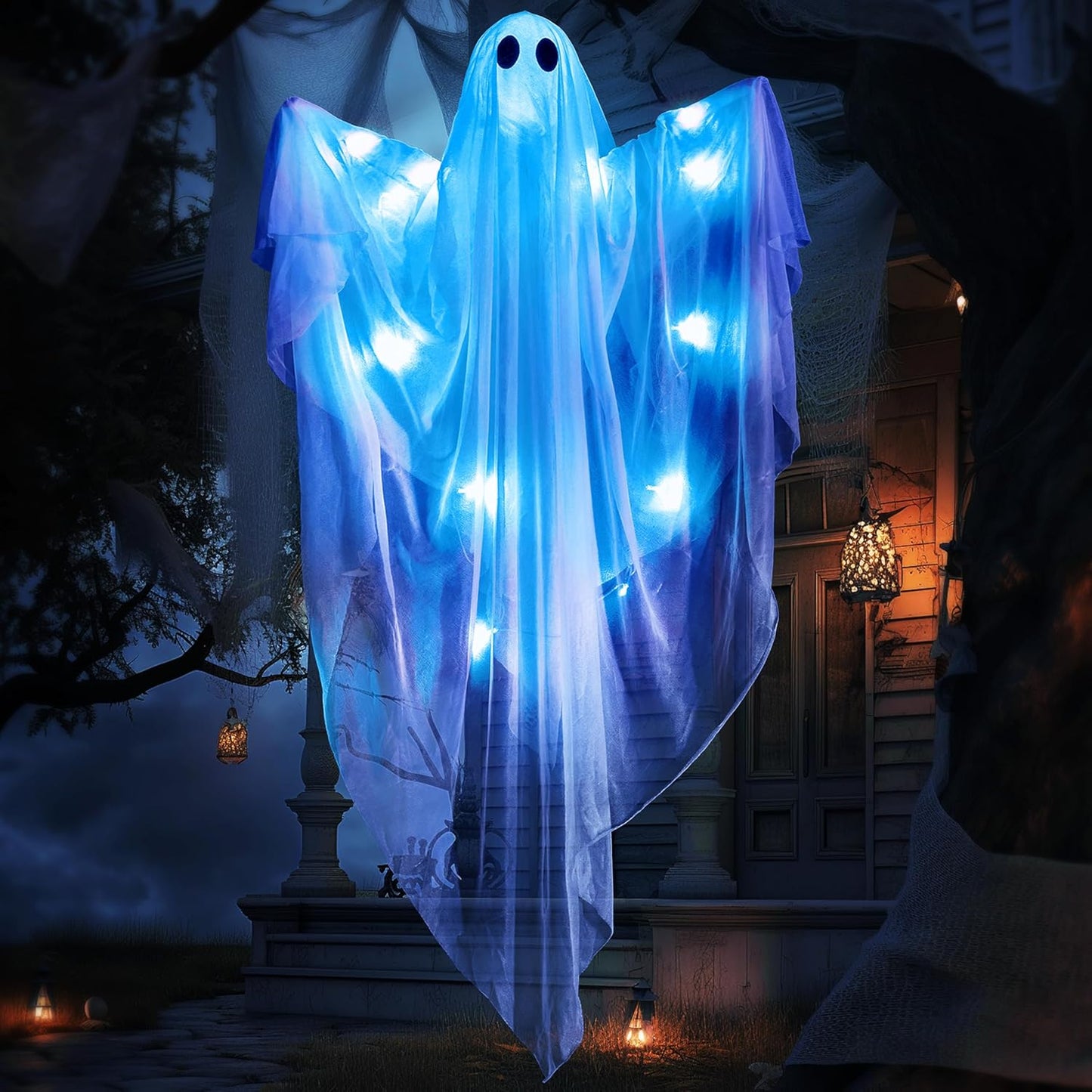 JOYIN Halloween Hanging Light up Ghost with Spooky Blue LED Light, 47” White Ghosts Halloween Hanging Decoration for Front Yard Patio Lawn Garden Party Decor Indoor Outdoor