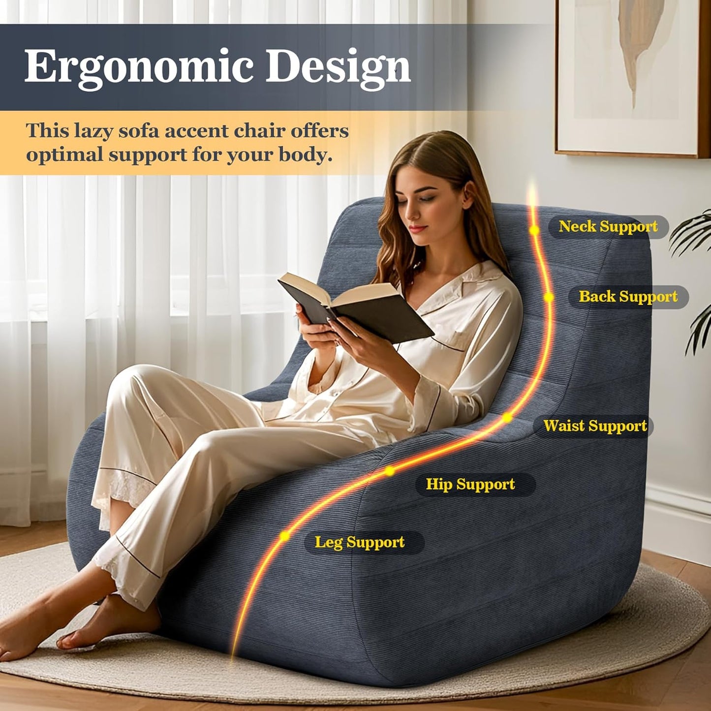 Bean Bag Chair, Fireside Bean Bags Lazy Sofa Sack, Big Beanbag Chair Floor Couch, Memory Foam Lounge Chair for Bedroom, Living Room, Office and Home (Gray)