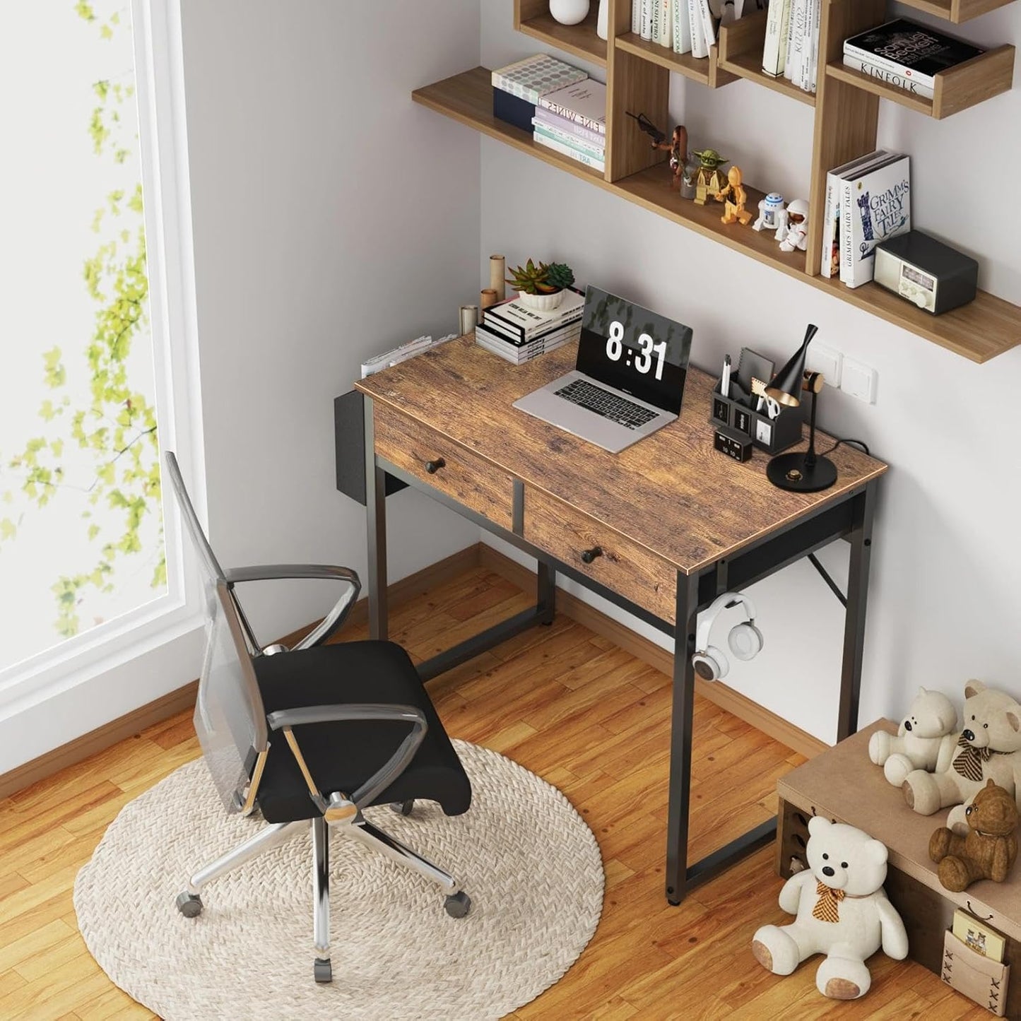 Lufeiya Small Computer Desk with 2 Drawers for Bedroom, 31 Inch Home Office Desk with Storage Fabric Drawer and Bag, Study Writing Table for Small Spaces, Rustic Brown