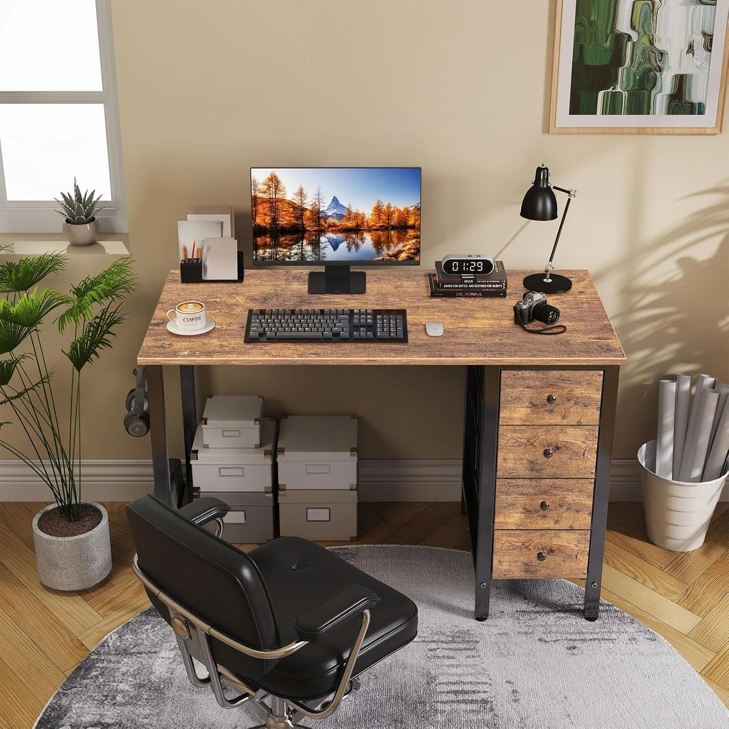 Lufeiya 40 inch Computer Desk with 4 Fabric Drawers, Kids Student Reversible Small Desks for Home Office Small Space, Work PC Desk Table for Bedroom, Rustic Brown