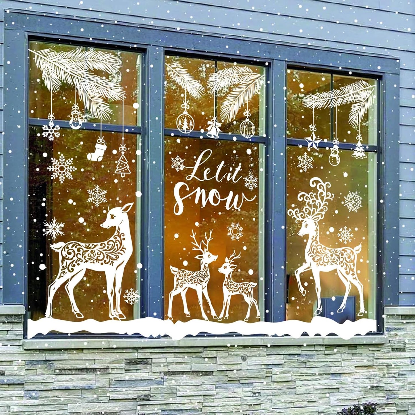 6 Sheet Winter Window Clings White Snowflake Reindeer Pine Branch Christmas Reusable Window Decals for Xmas Winter Party Home School Office Decor