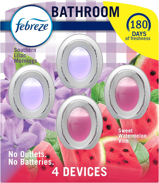 Febreze Bathroom Air Freshener, Odor-Fighting, Plug In Alternative, Air Fresheners for Home and Bathroom and Kitchen, Closet Air Fresheners, Watermelon & Lilac Scent, 4 Count