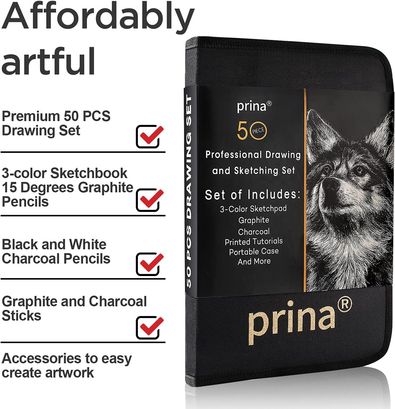 Prina 50 Pack Drawing Set Sketch Kit, Sketching Supplies with 3-Color Sketchbook, Graphite, and Charcoal Pencils, Pro Art Drawing Kit for Artists Adults Teens Beginner Kid, Ideal for Shading, Blending
