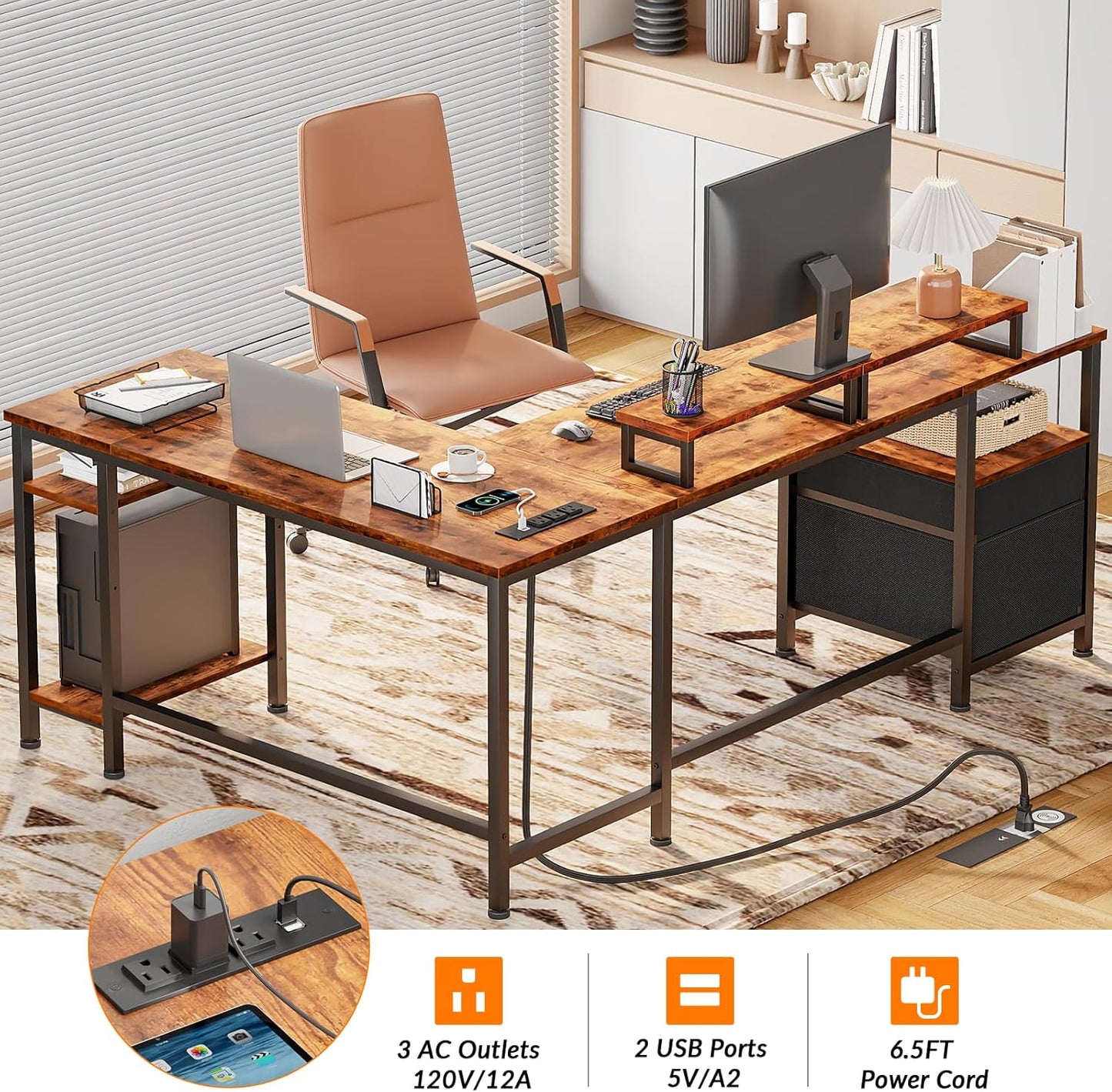 Furologee 66” L Shaped Desk with Power Outlet, Reversible Computer Gaming Desk with File Drawer & 2 Monitor Stands for Home Office with Storage Shelves, Rustic Brown