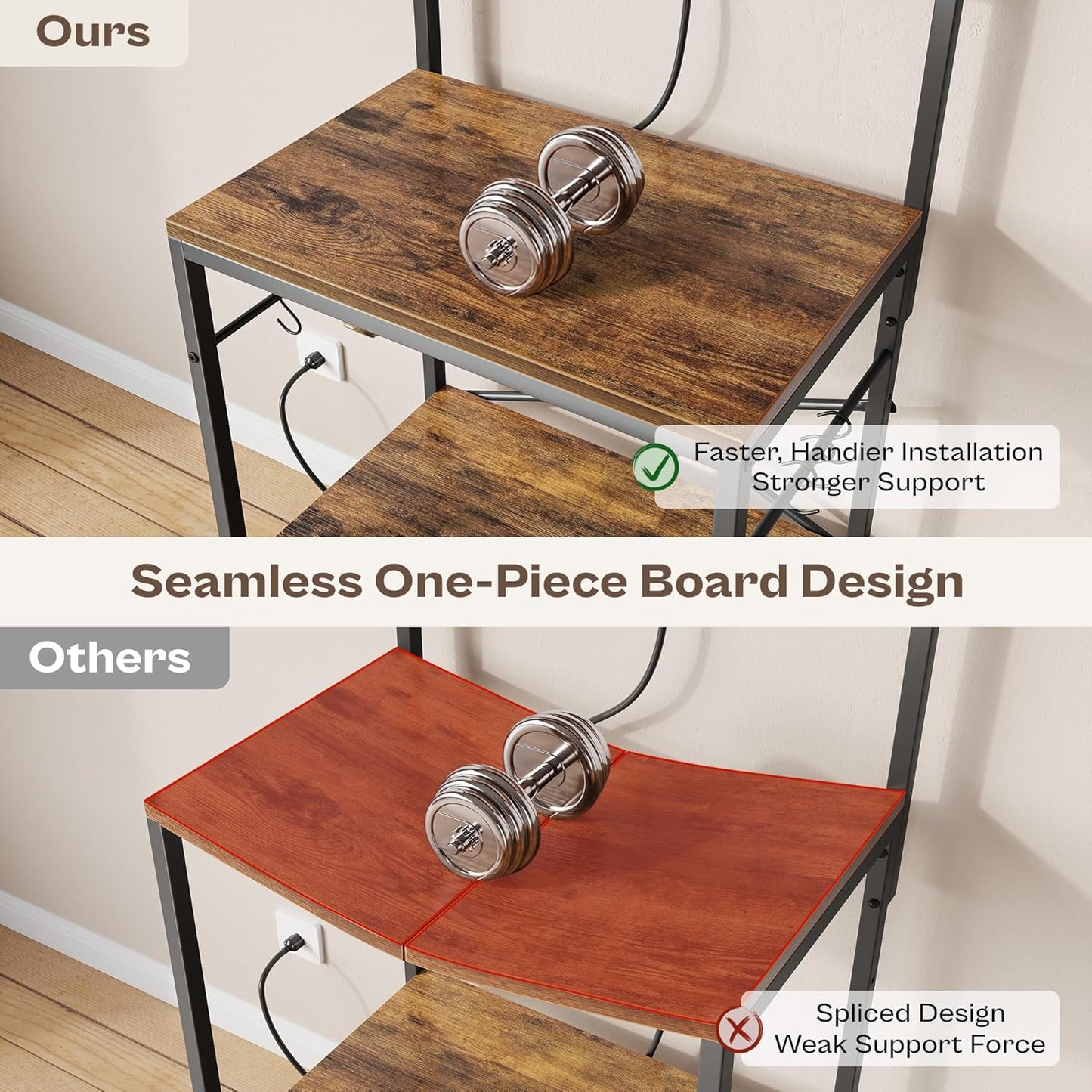 SUPERJARE Kitchen Bakers Rack with Power Outlet, Coffee Bar Table 4 Tiers, Kitchen Microwave Stand with 6 S-shaped Hooks, Storage Shelf Rack for Spices, Pots and Pans - Rustic Brown