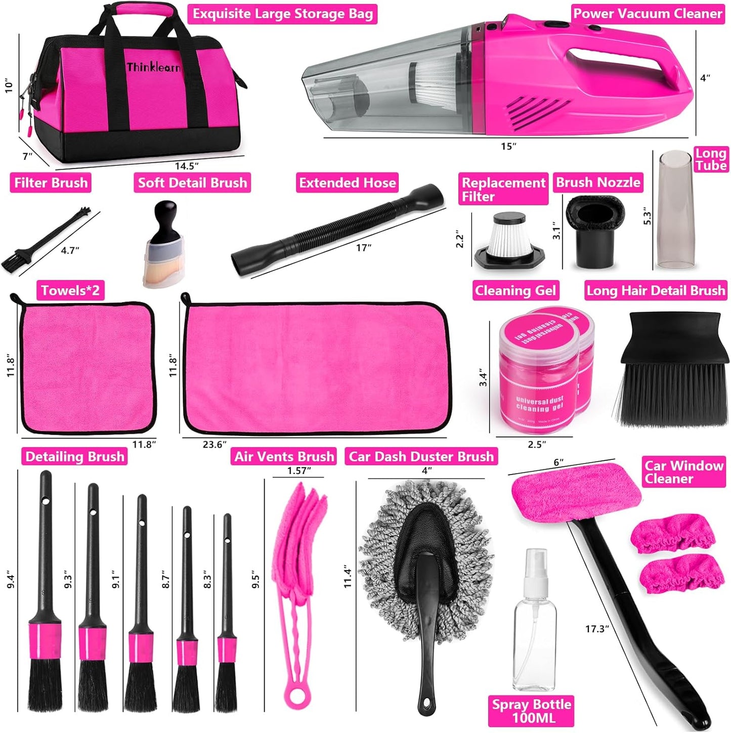 ThinkLearn Car Cleaning Kit, Car Vacuum Detailing Kit Interior with High Power Handheld Vacuum, Including 7Pcs Detailing Brush Set, Windshield Cleaner, Pink Car Accessories for Women