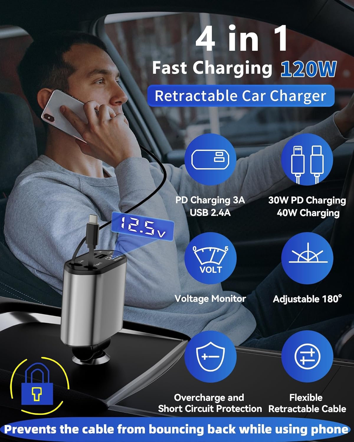Retractable Car Charger, 4 in 1 Fast Charging Car Charger USB-C & USB-A Compatible with iPhone 17/16/15/14/13/12/11,Galaxy,Pixel