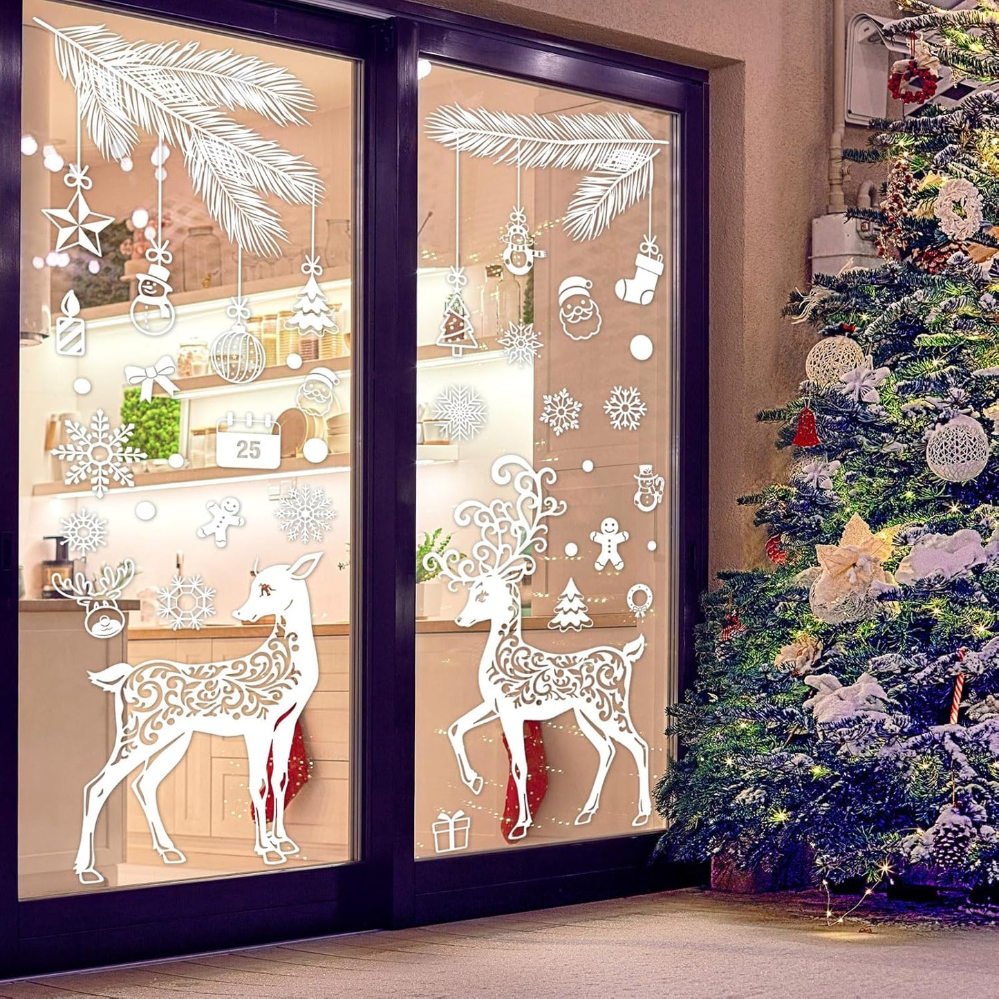 6 Sheet Winter Window Clings White Snowflake Reindeer Pine Branch Christmas Reusable Window Decals for Xmas Winter Party Home School Office Decor